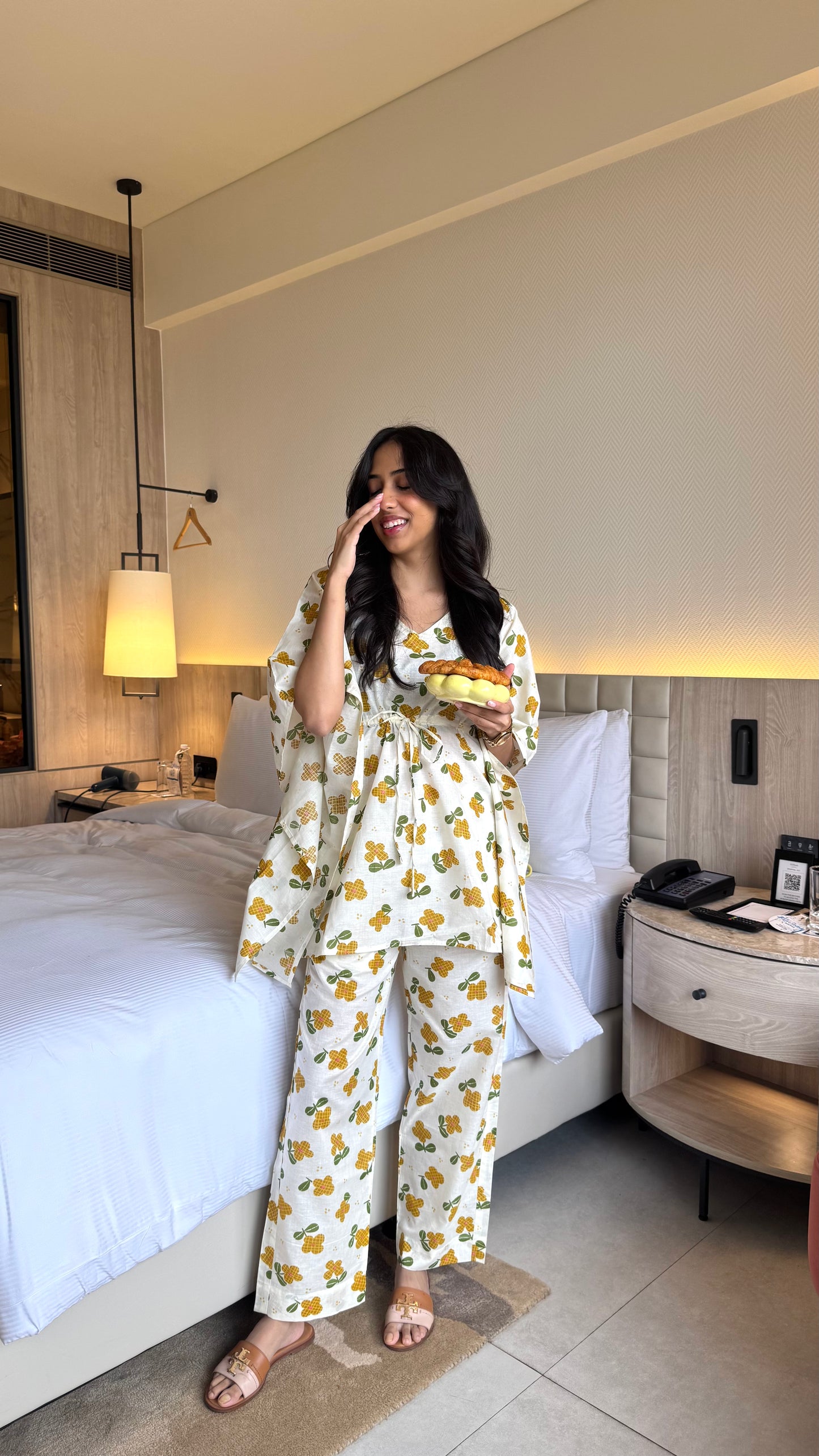 Butter Soft Cotton Kaftan Set (Premium Fabric) - Lemon White