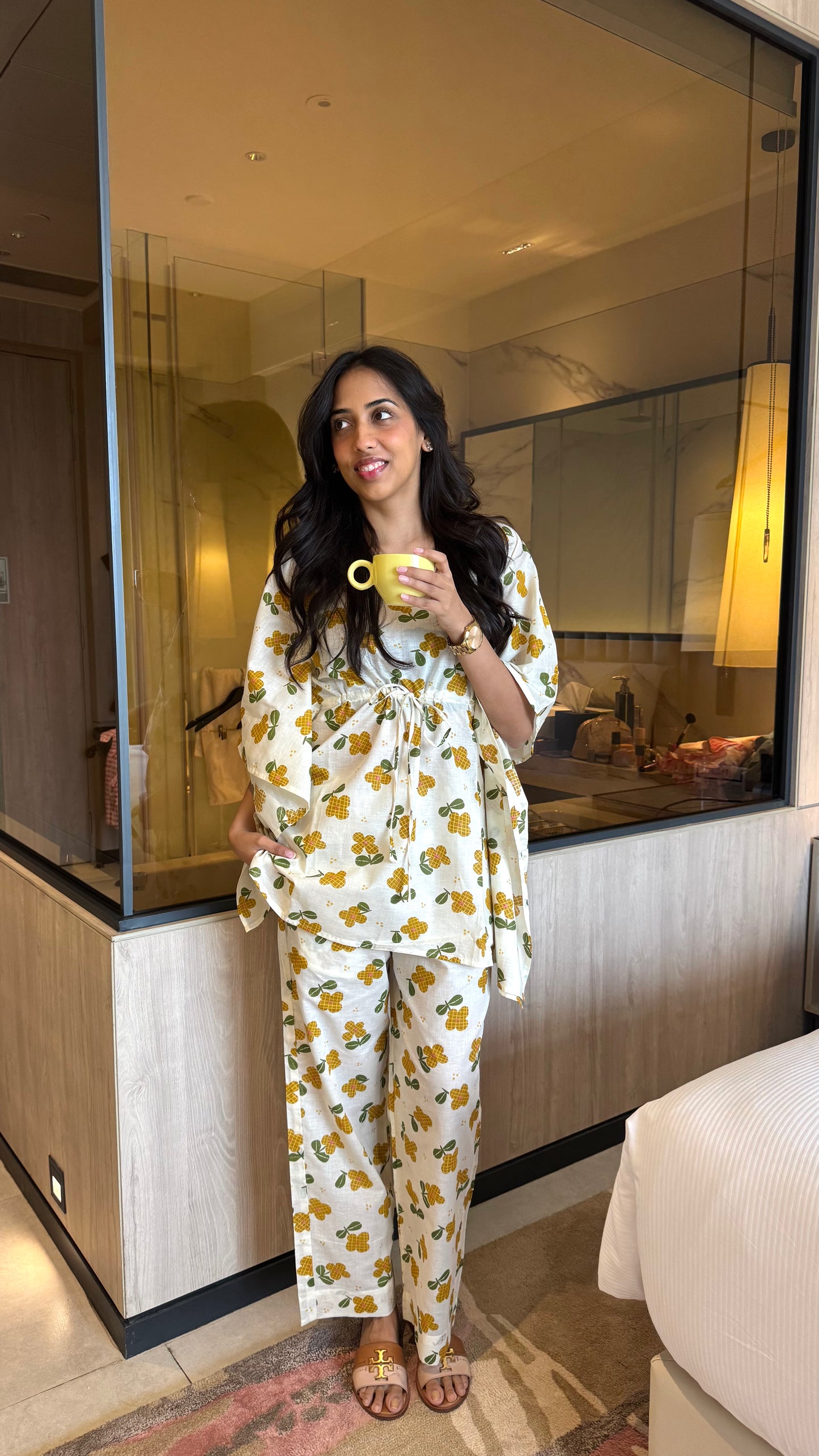 Butter Soft Cotton Kaftan Set (Premium Fabric) - Lemon White