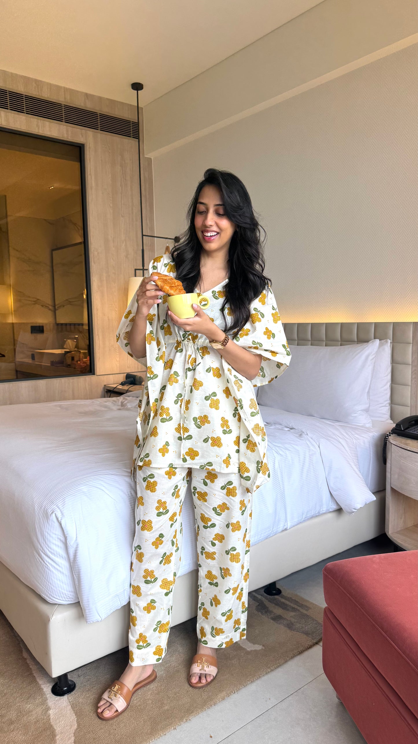 Butter Soft Cotton Kaftan Set (Premium Fabric) - Lemon White