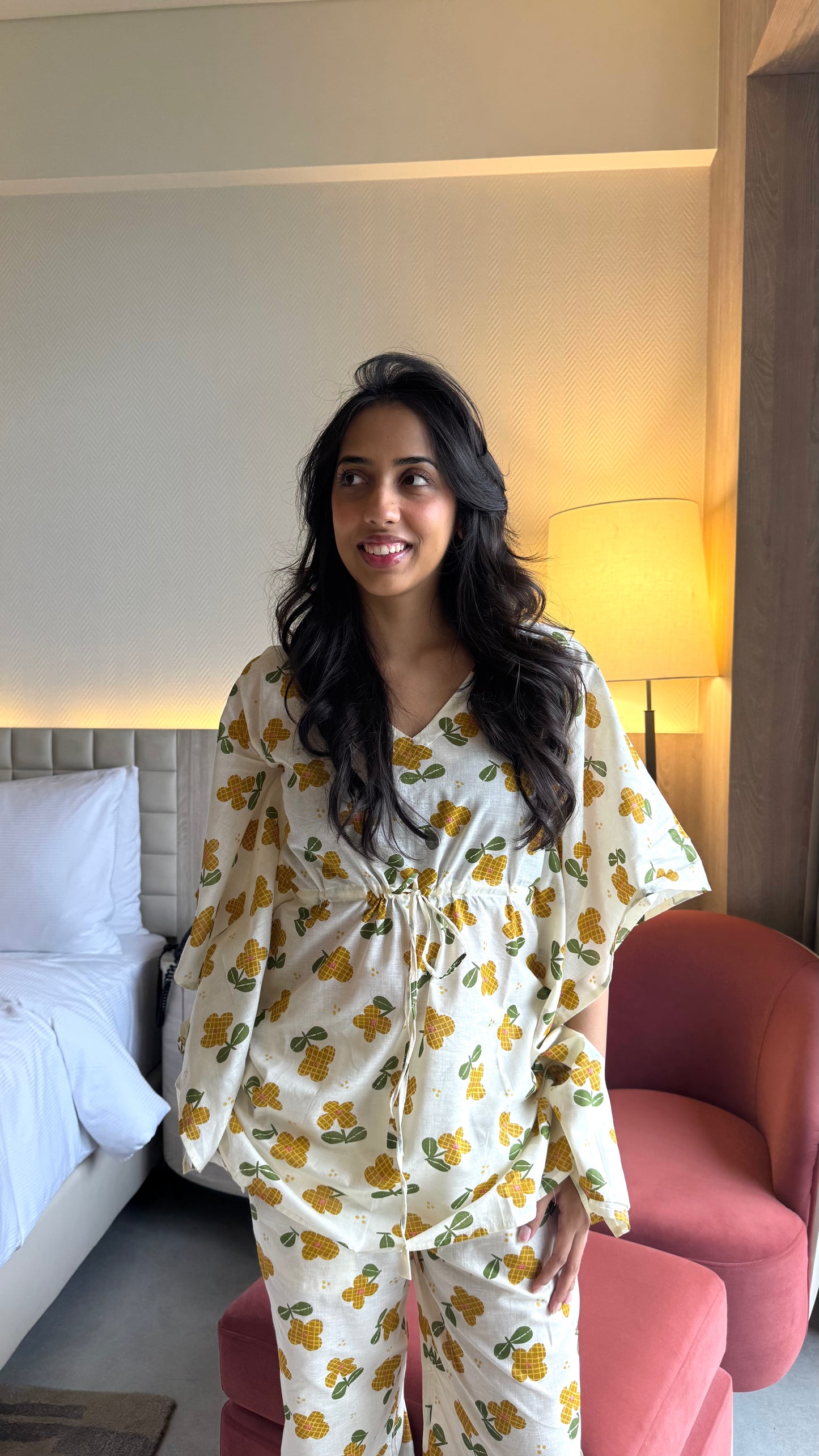 Butter Soft Cotton Kaftan Set (Premium Fabric) - Lemon White