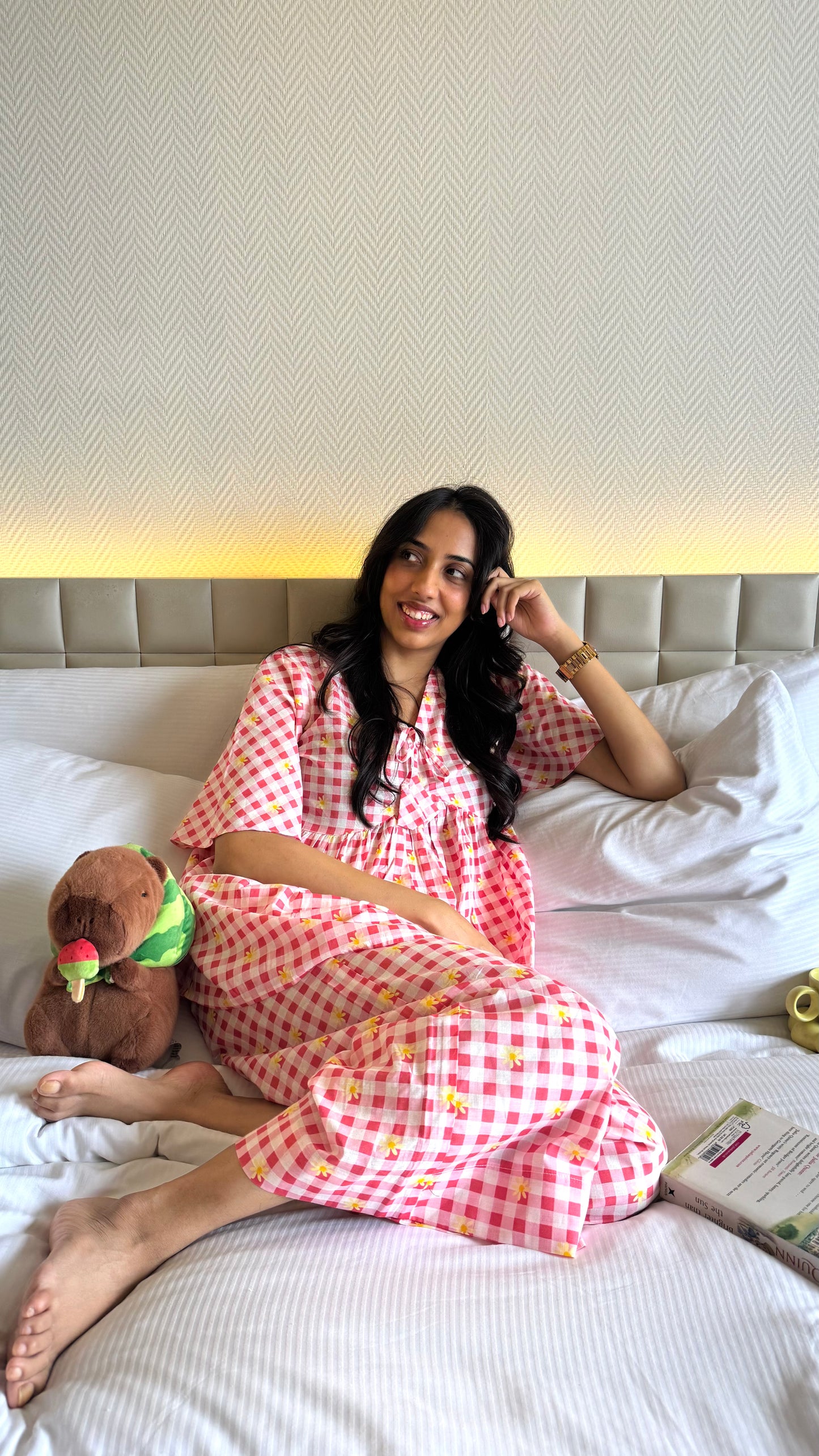 Cuddle Bow Lounge Set (Premium Fabric) - Floral Pink/Red