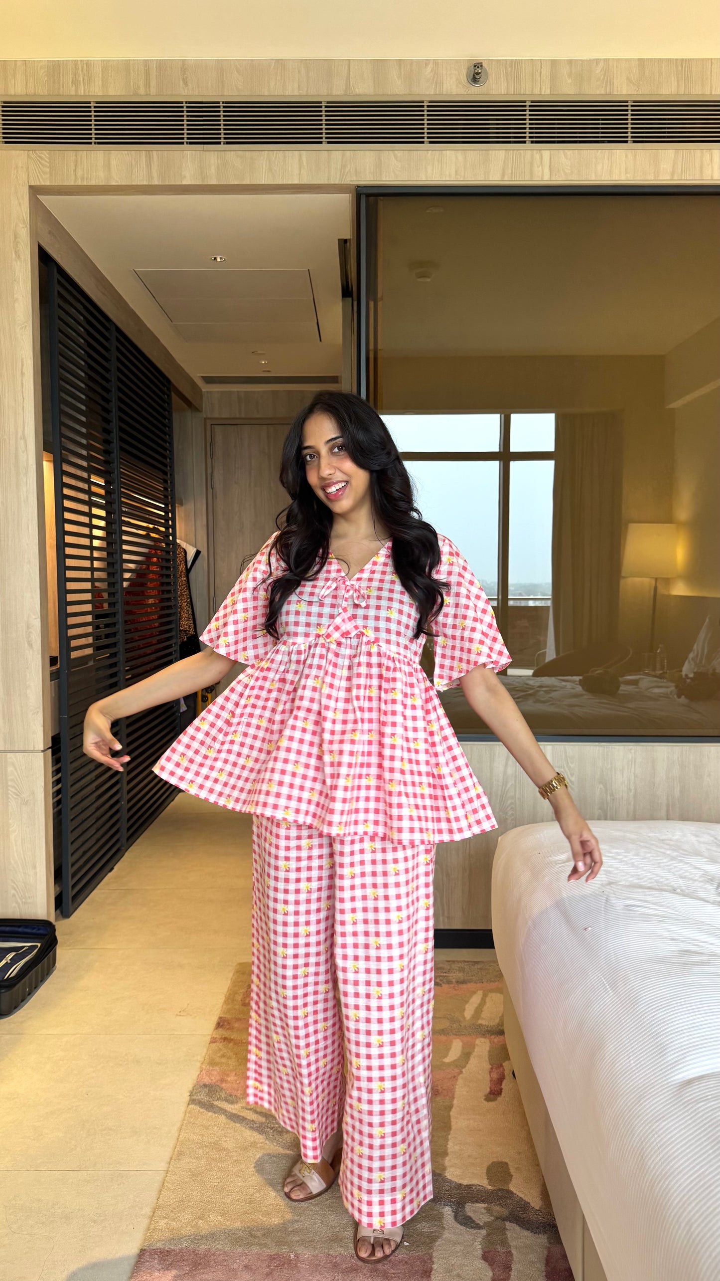 Cuddle Bow Lounge Set (Premium Fabric) - Floral Pink/Red