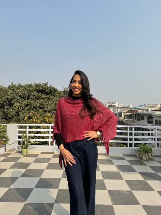 Shimmer Woollen Poncho - Red (Free Size)
