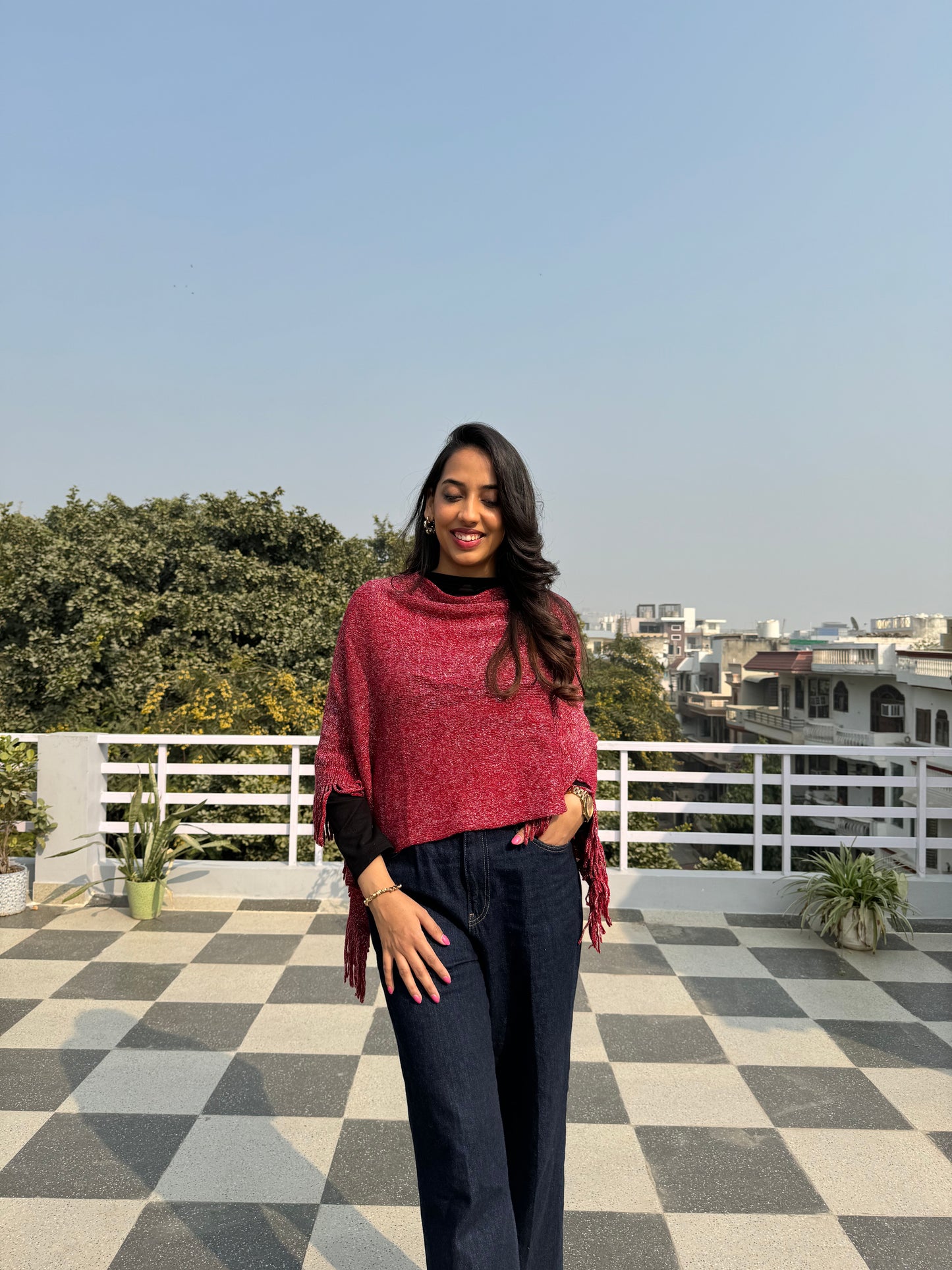 Shimmer Woollen Poncho - Red (Free Size)