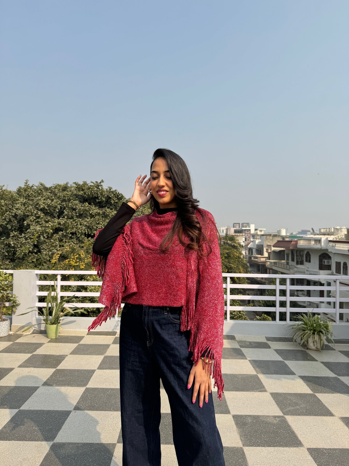 Shimmer Woollen Poncho - Red (Free Size)