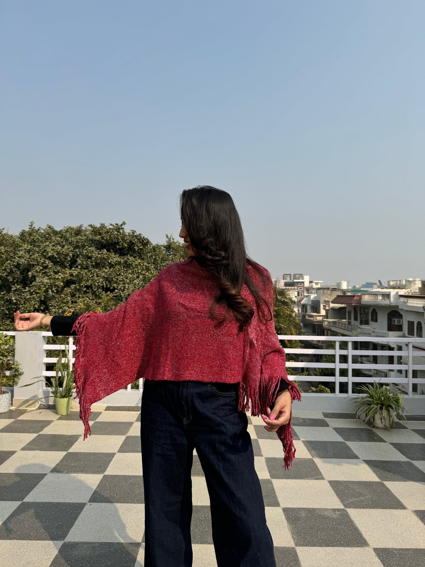 Shimmer Woollen Poncho - Red (Free Size)