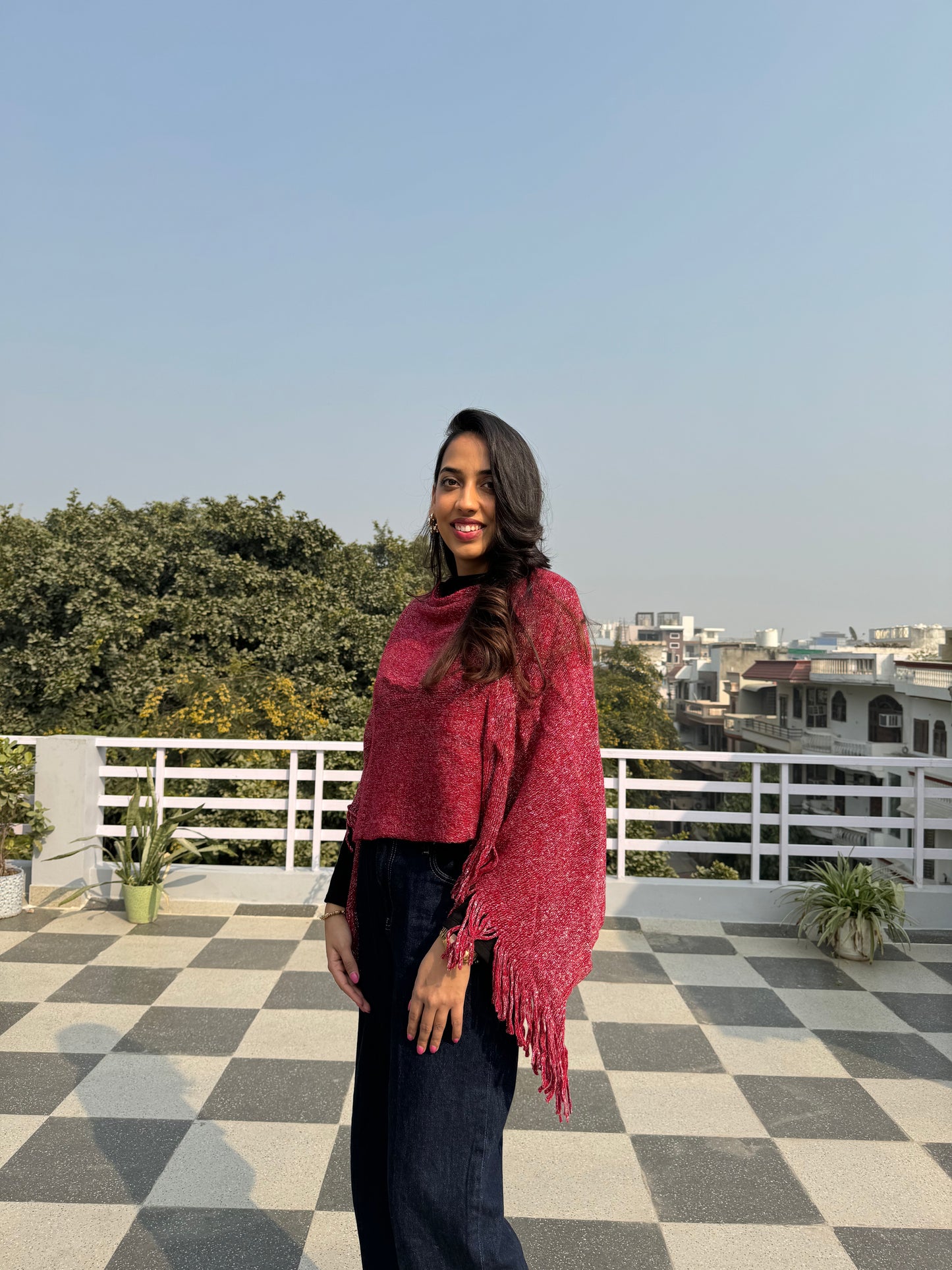 Shimmer Woollen Poncho - Red (Free Size)