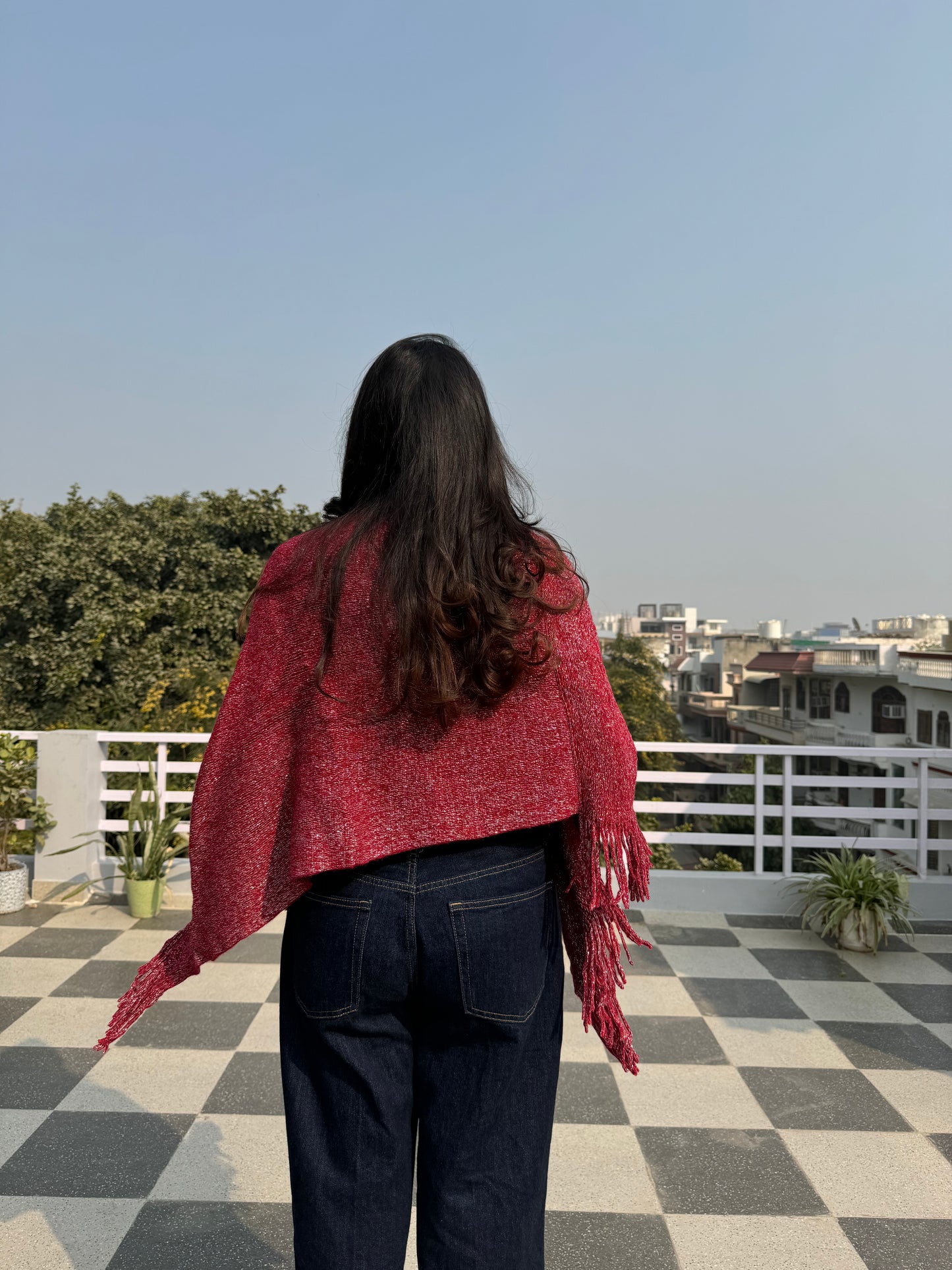 Shimmer Woollen Poncho - Red (Free Size)