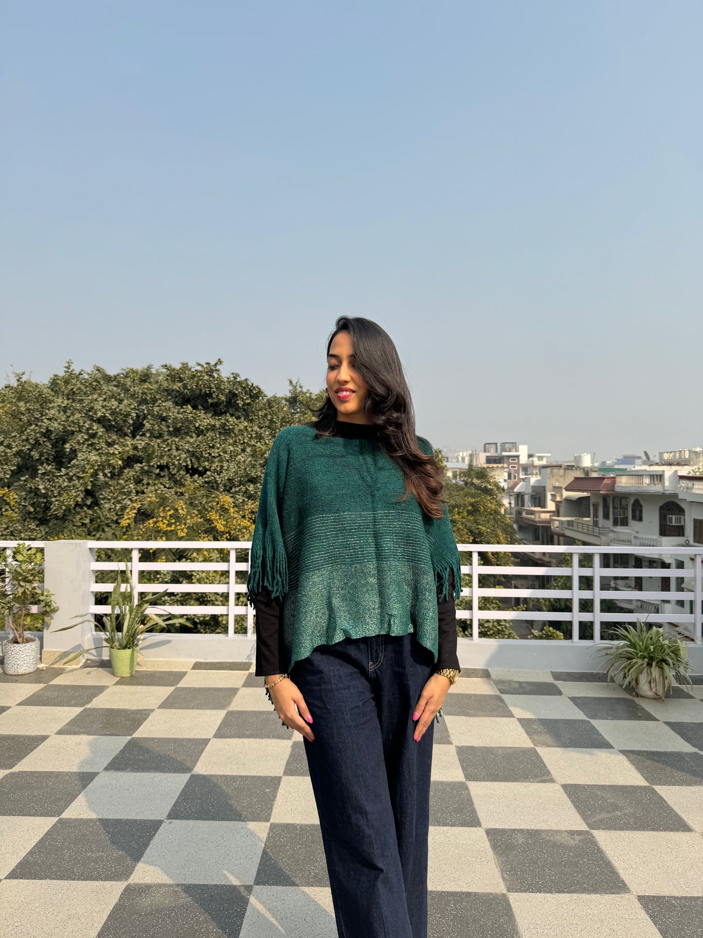 Ombre Woollen Poncho - Green (Free Size)