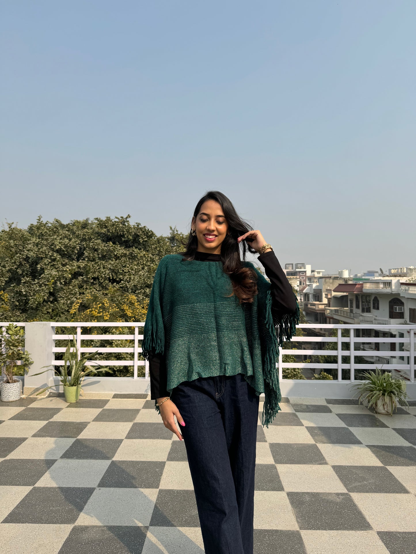 Ombre Woollen Poncho - Green (Free Size)