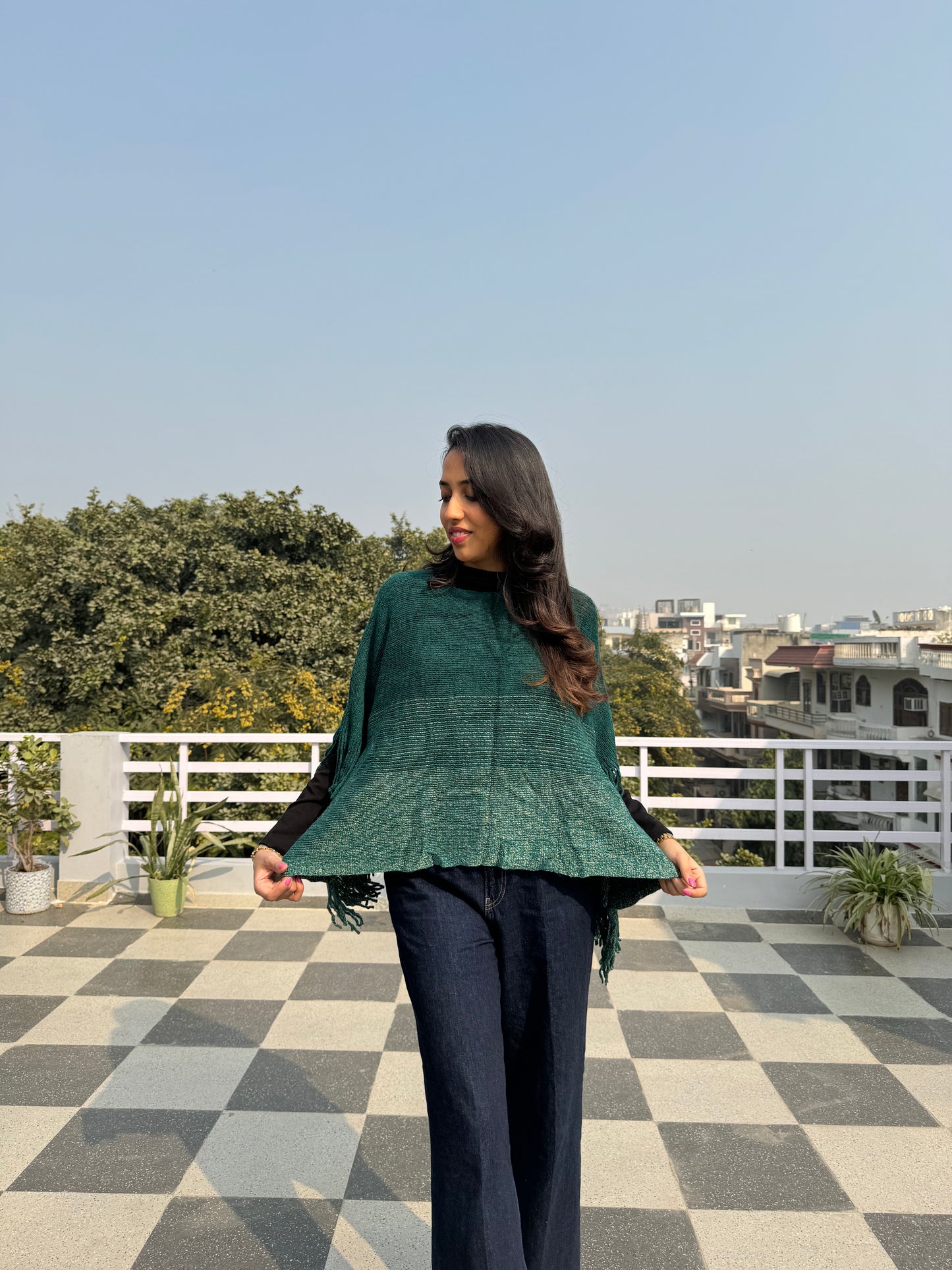 Ombre Woollen Poncho - Green (Free Size)