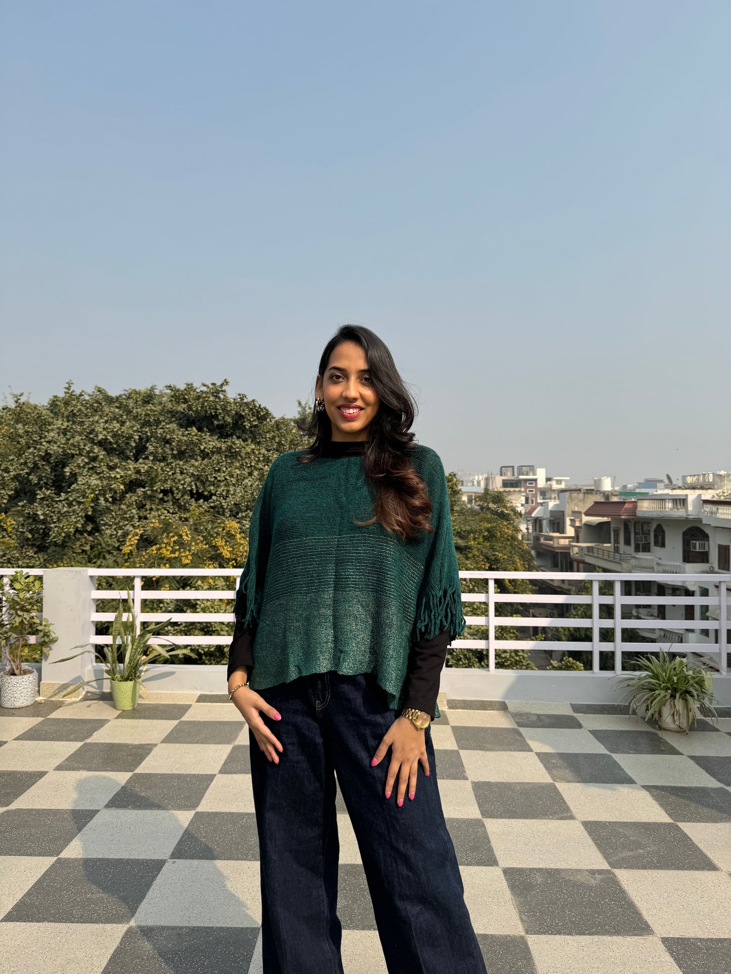 Ombre Woollen Poncho - Green (Free Size)