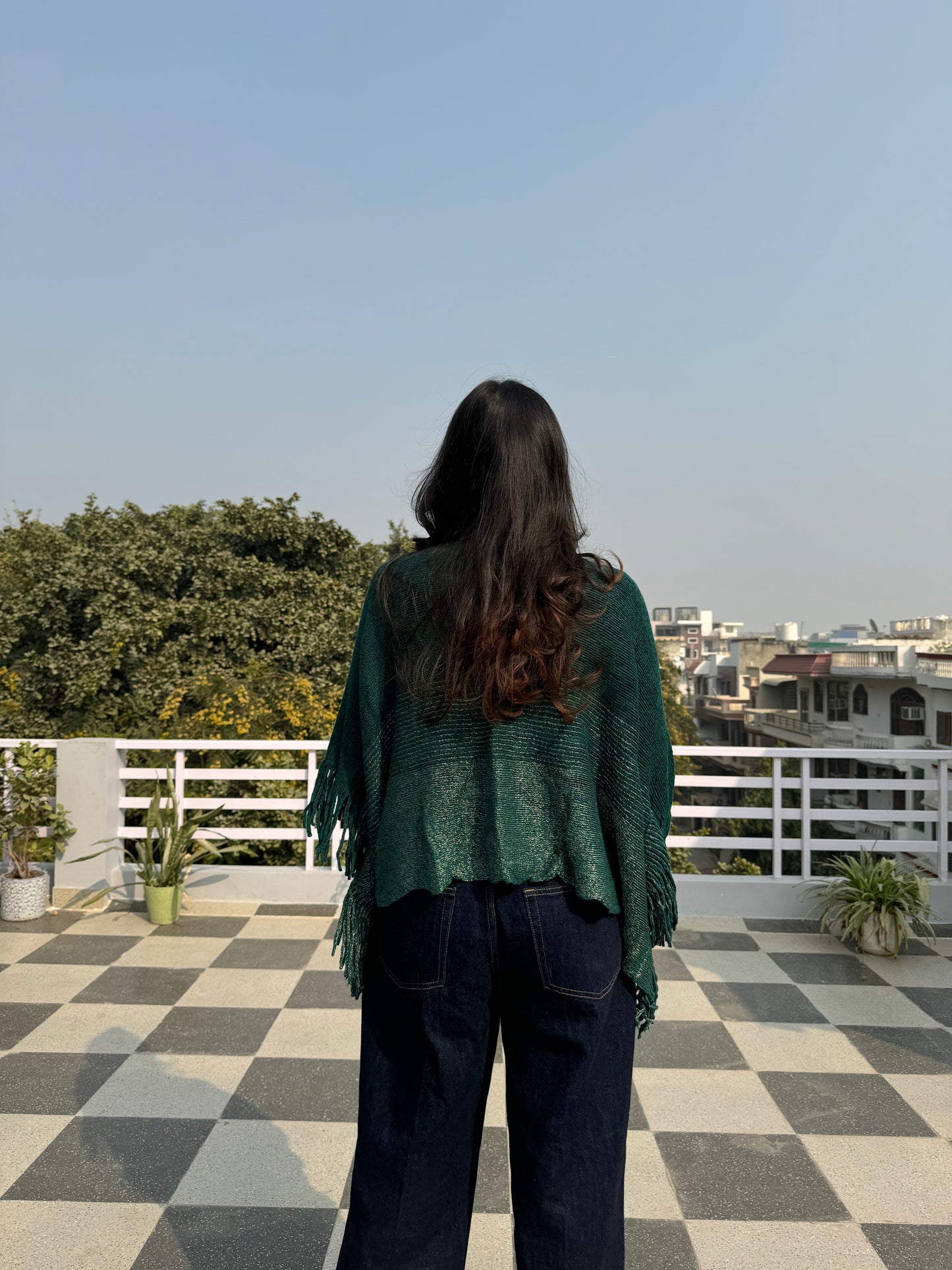 Ombre Woollen Poncho - Green (Free Size)