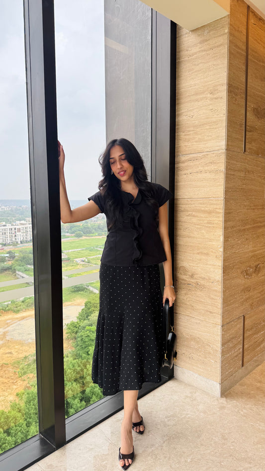 PRE-ORDER Date Night Luxury Asymmetrical Skirt - Black Polka (Premium Collection)