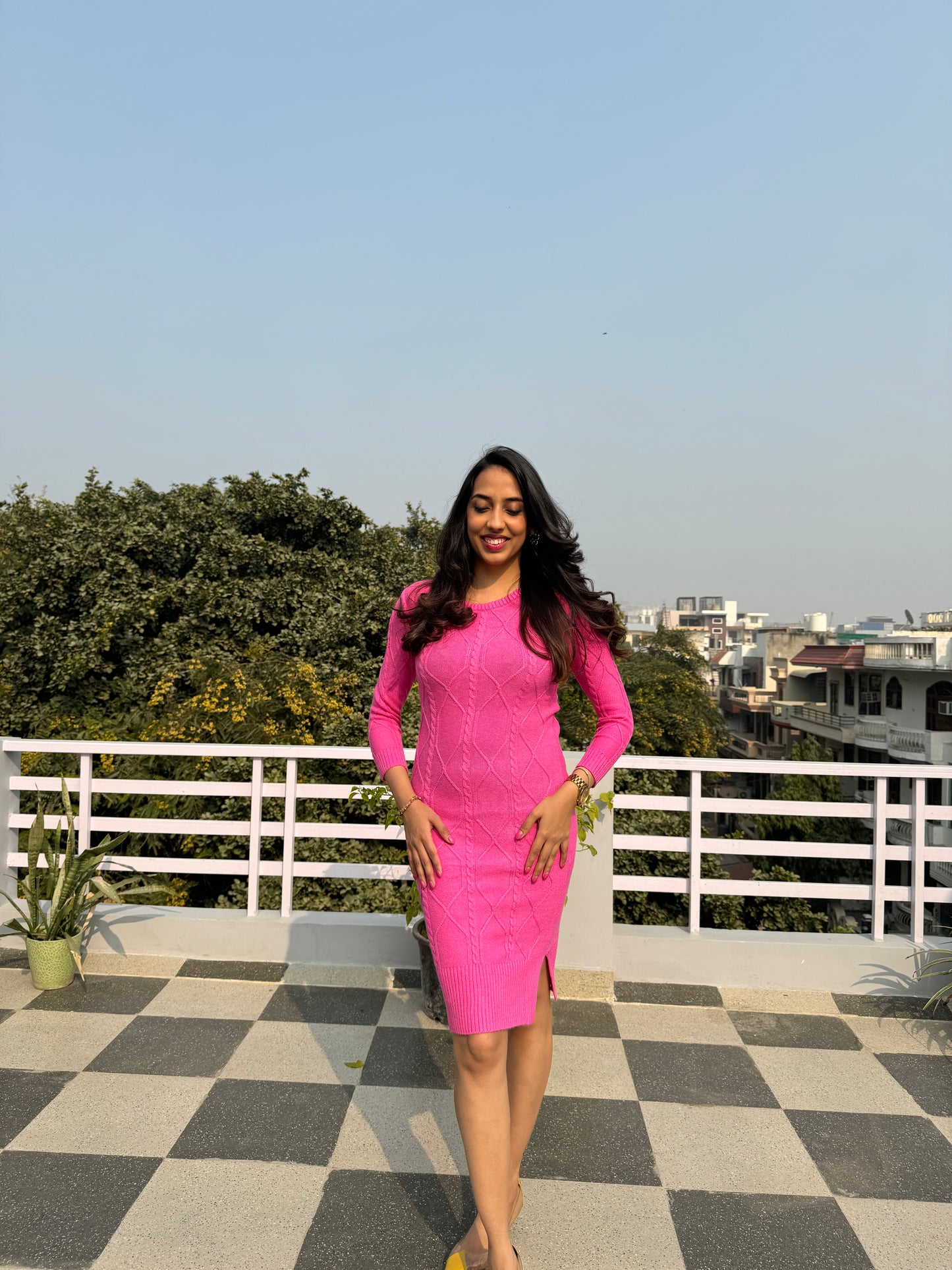 Crew Neck Sweater Dress- Pink (Free Size)