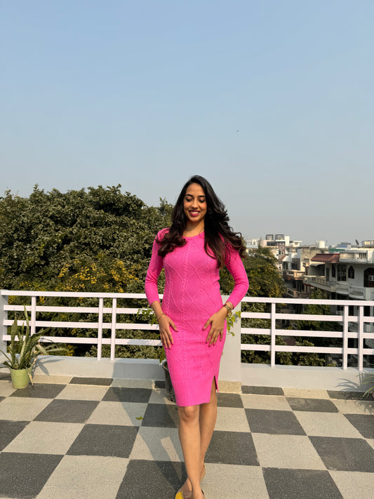 Crew Neck Sweater Dress- Pink (Free Size)