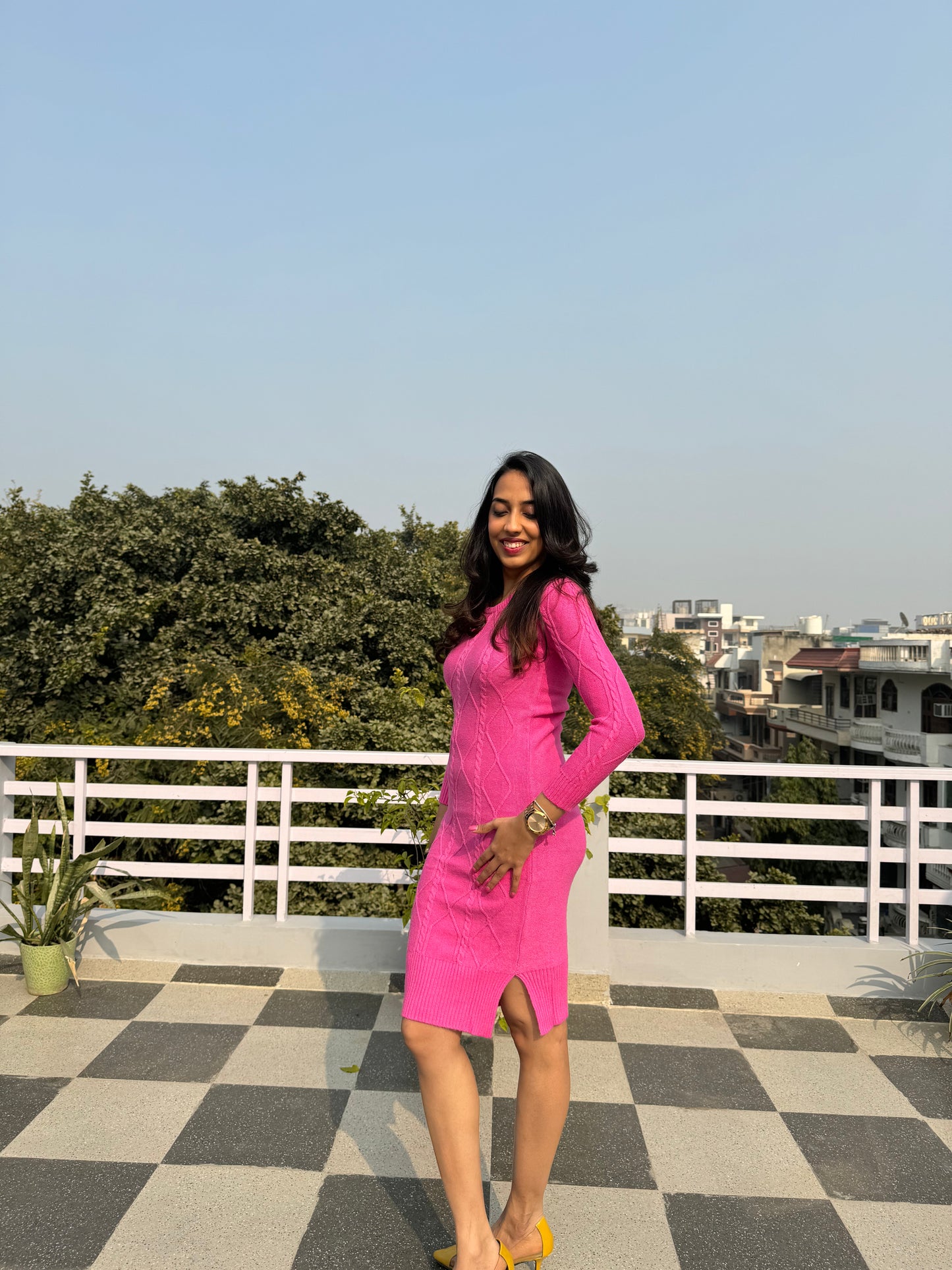 Crew Neck Sweater Dress- Pink (Free Size)