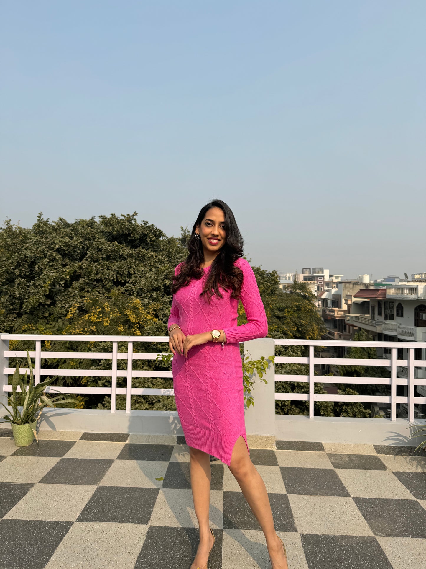 Crew Neck Sweater Dress- Pink (Free Size)