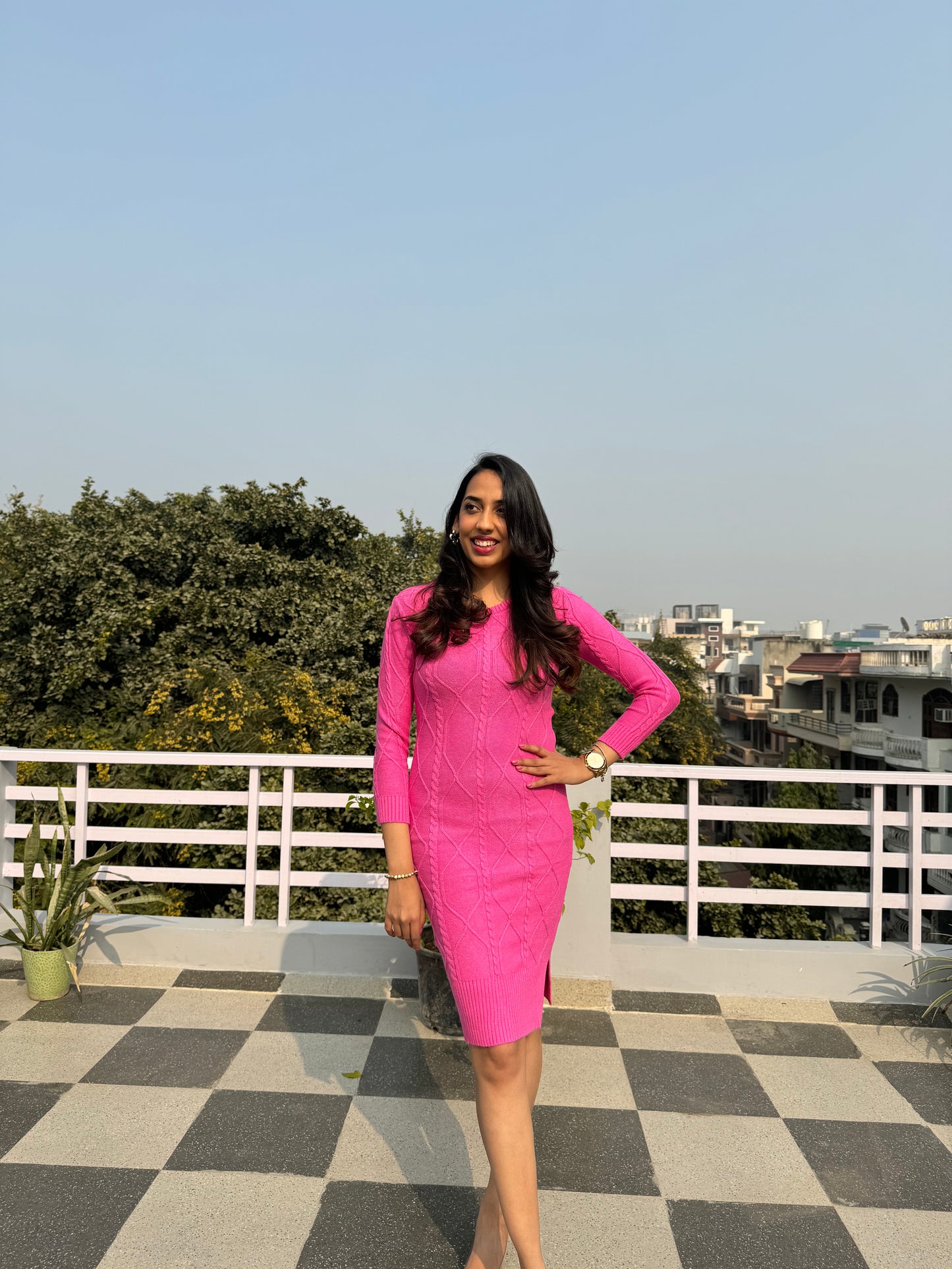 Crew Neck Sweater Dress- Pink (Free Size)