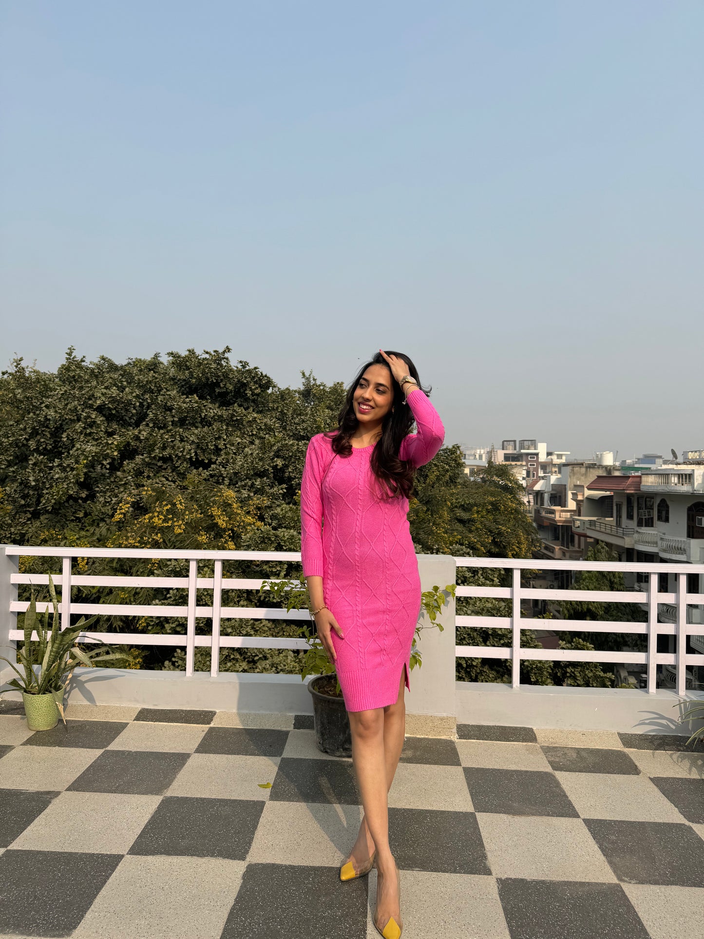 Crew Neck Sweater Dress- Pink (Free Size)