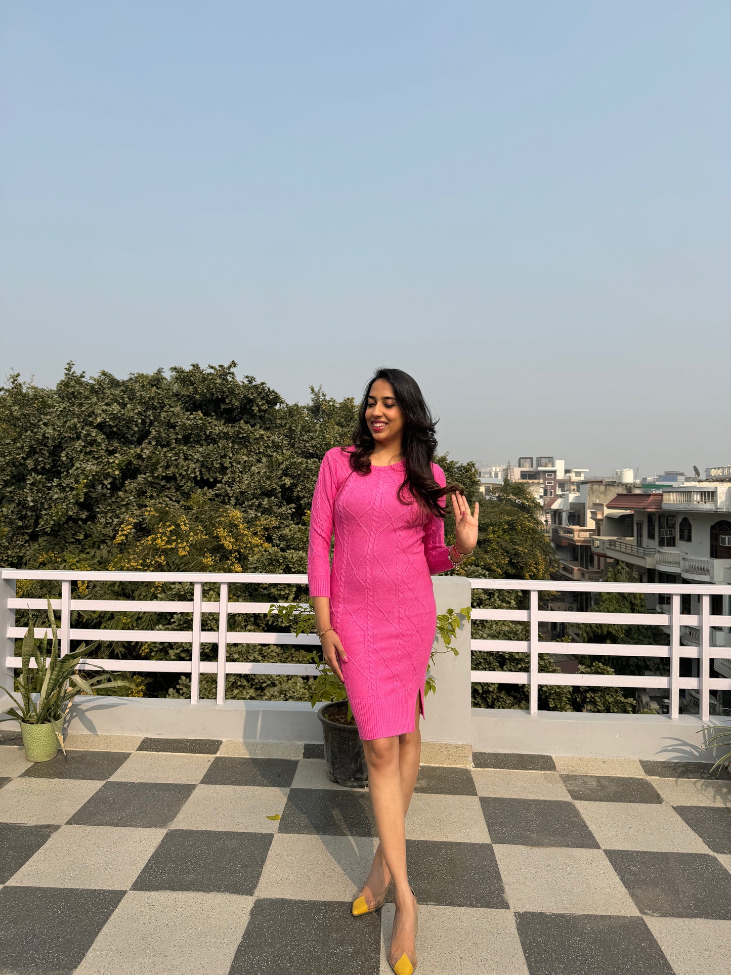 Crew Neck Sweater Dress- Pink (Free Size)