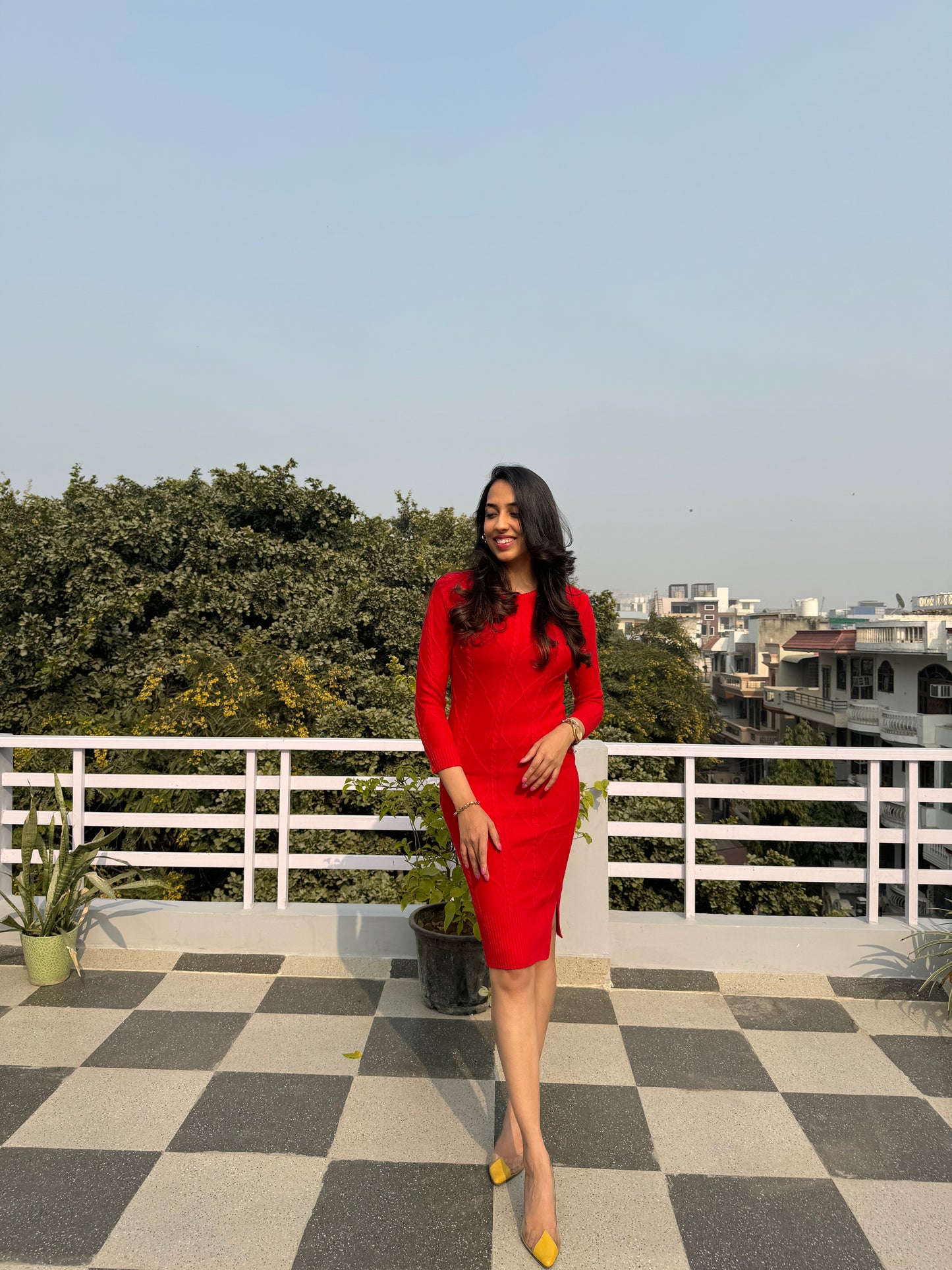 Crew Neck Sweater Dress- Red (Free Size)