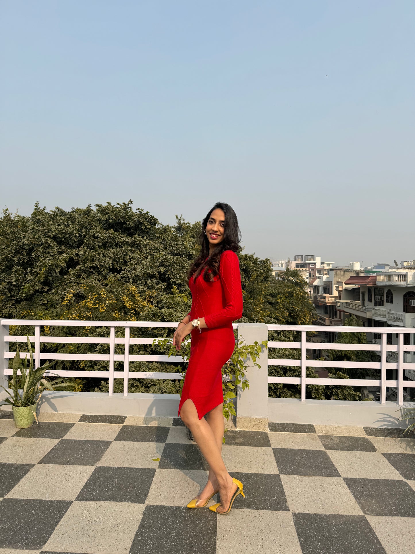 Crew Neck Sweater Dress- Red (Free Size)