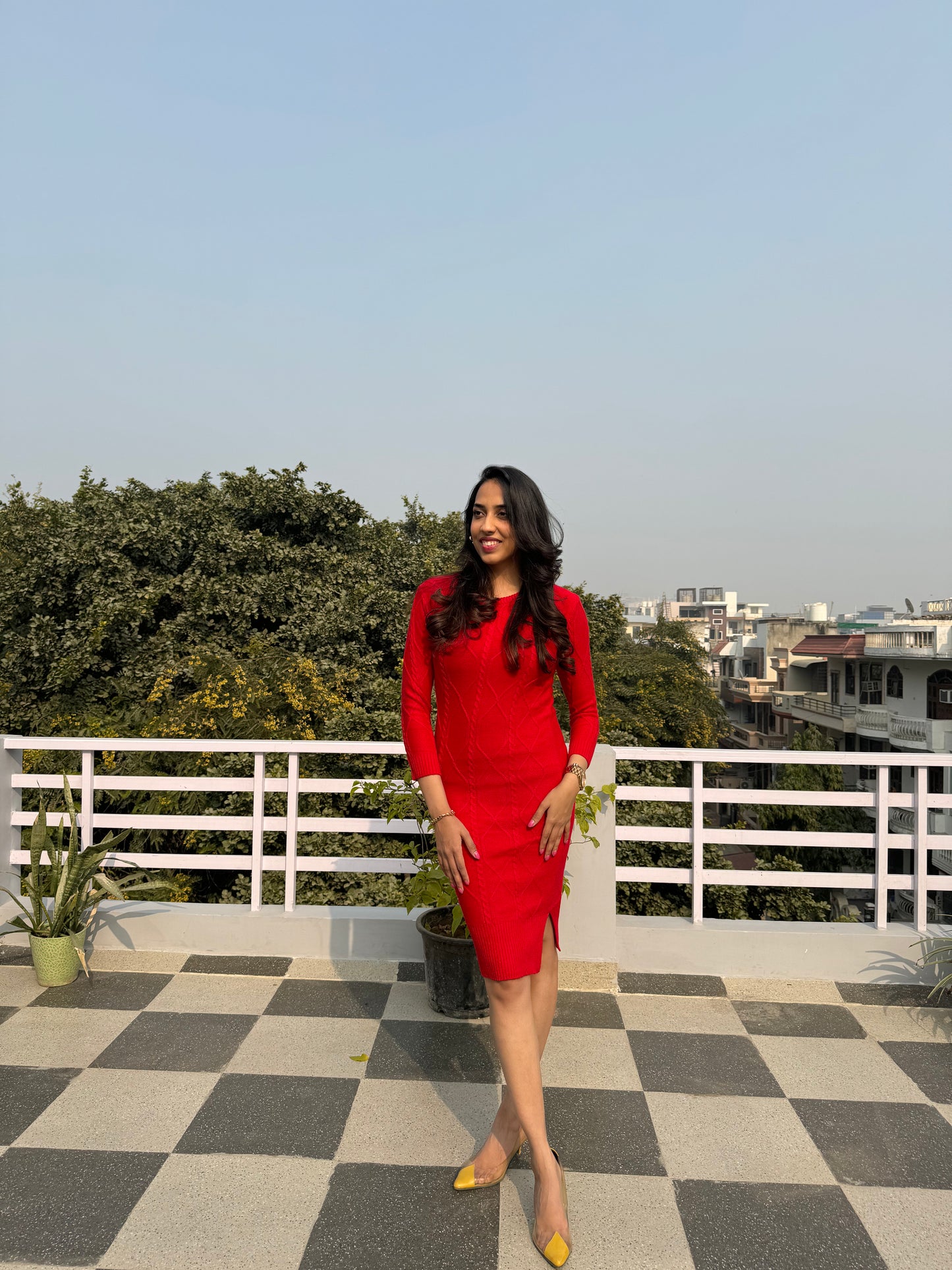 Crew Neck Sweater Dress- Red (Free Size)