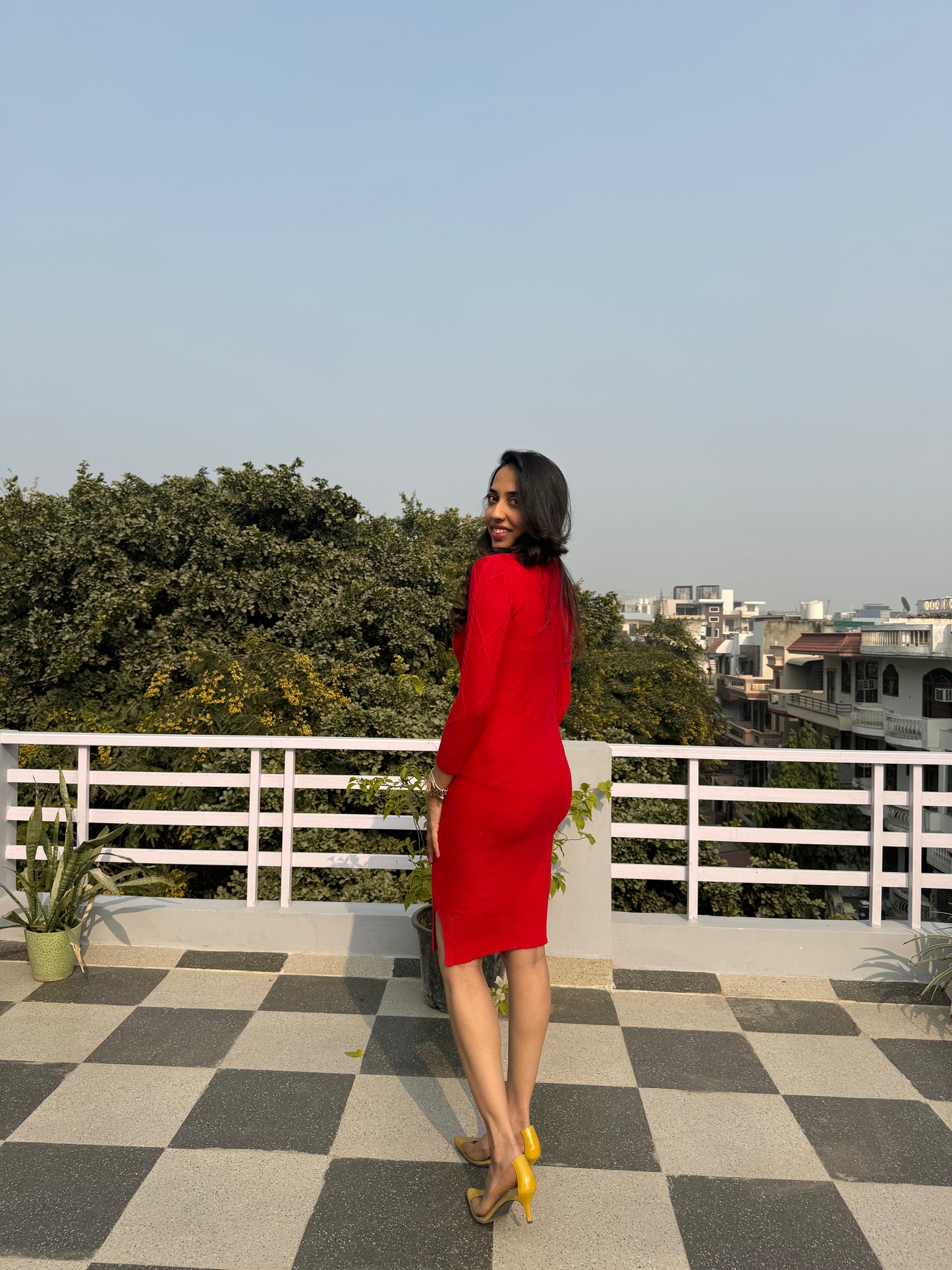 Crew Neck Sweater Dress- Red (Free Size)