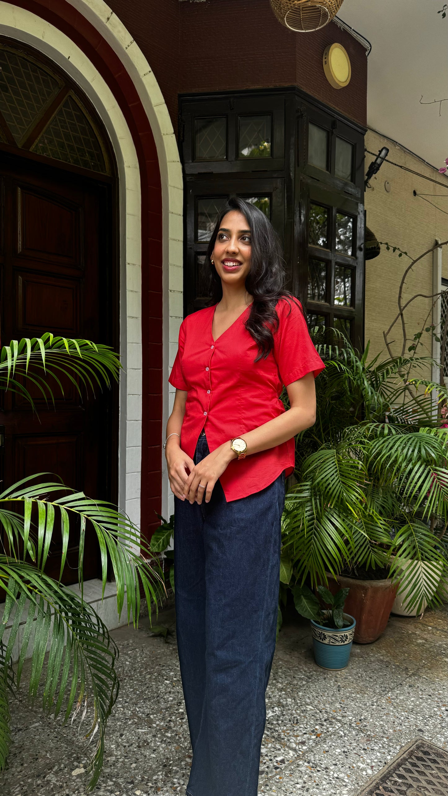 Sleeved Cotton Waistcoat - Rust Red