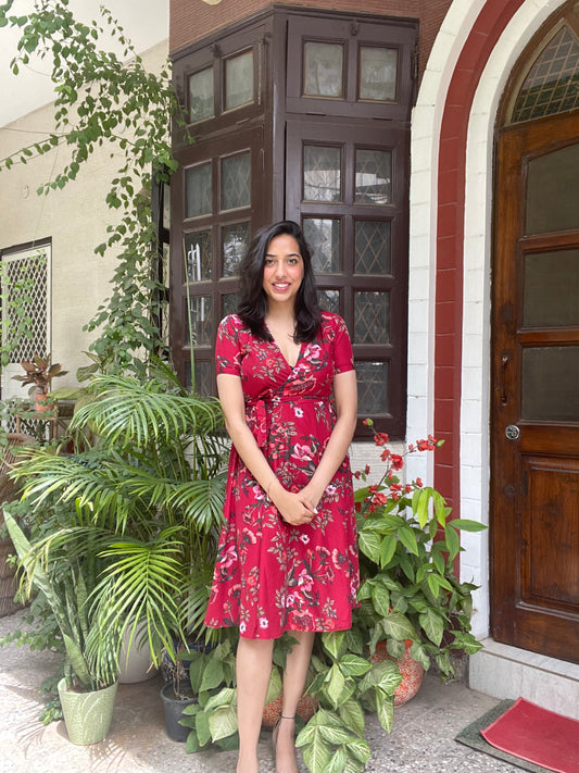 Maroon Floral Wrap Dress