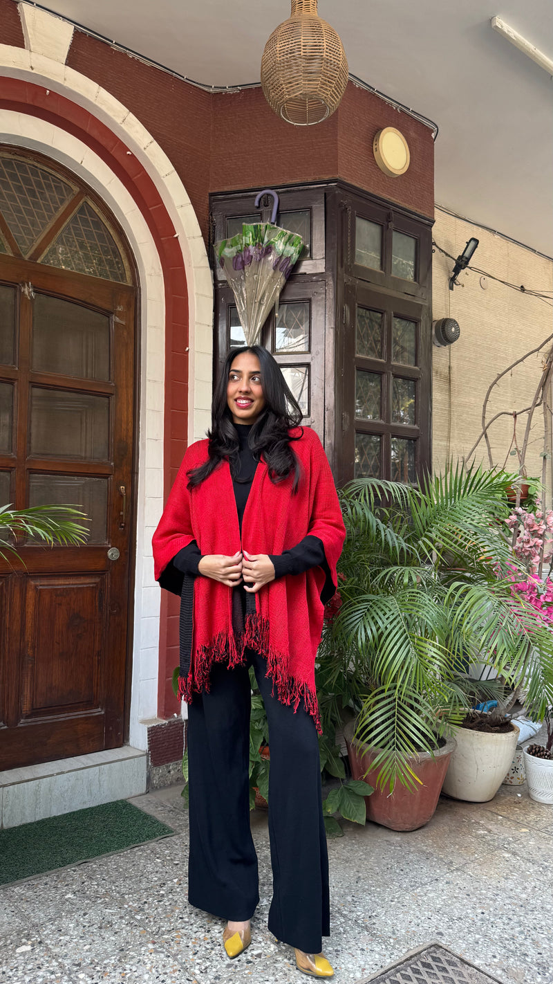 Cozy Double Sided Shawl -Red/Black (Free Size)