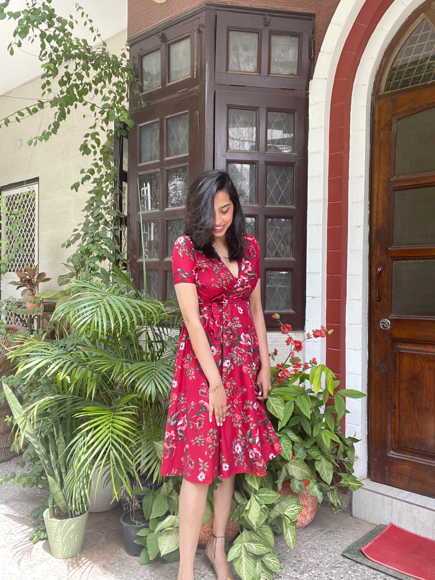 Maroon Floral Wrap Dress