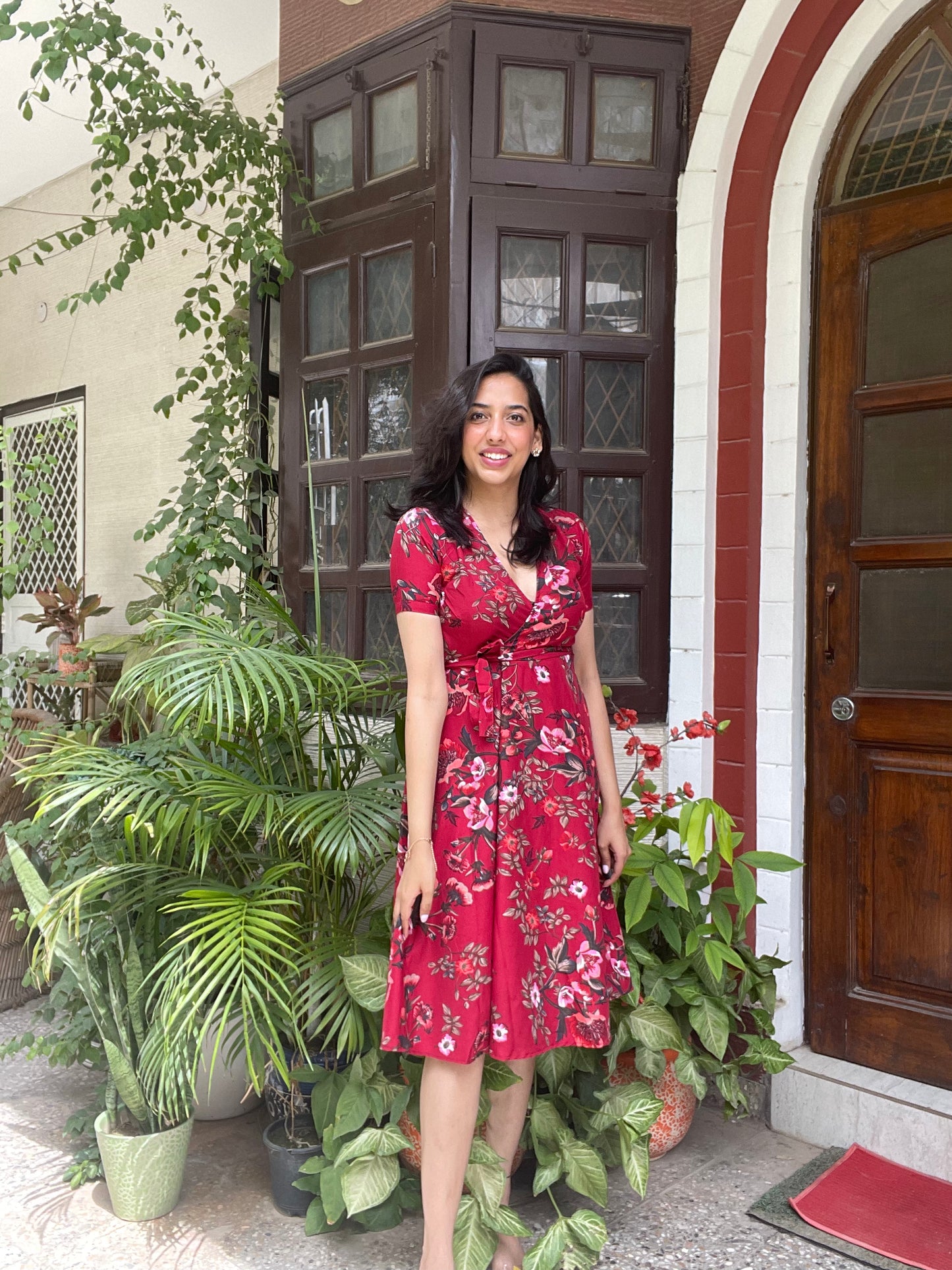 Maroon Floral Wrap Dress