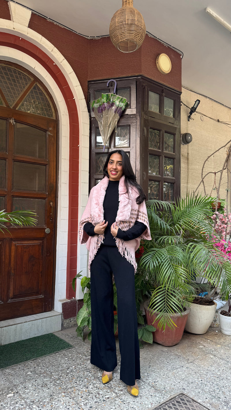 Houndstooth Fur Shrug - Pink (Free Size)