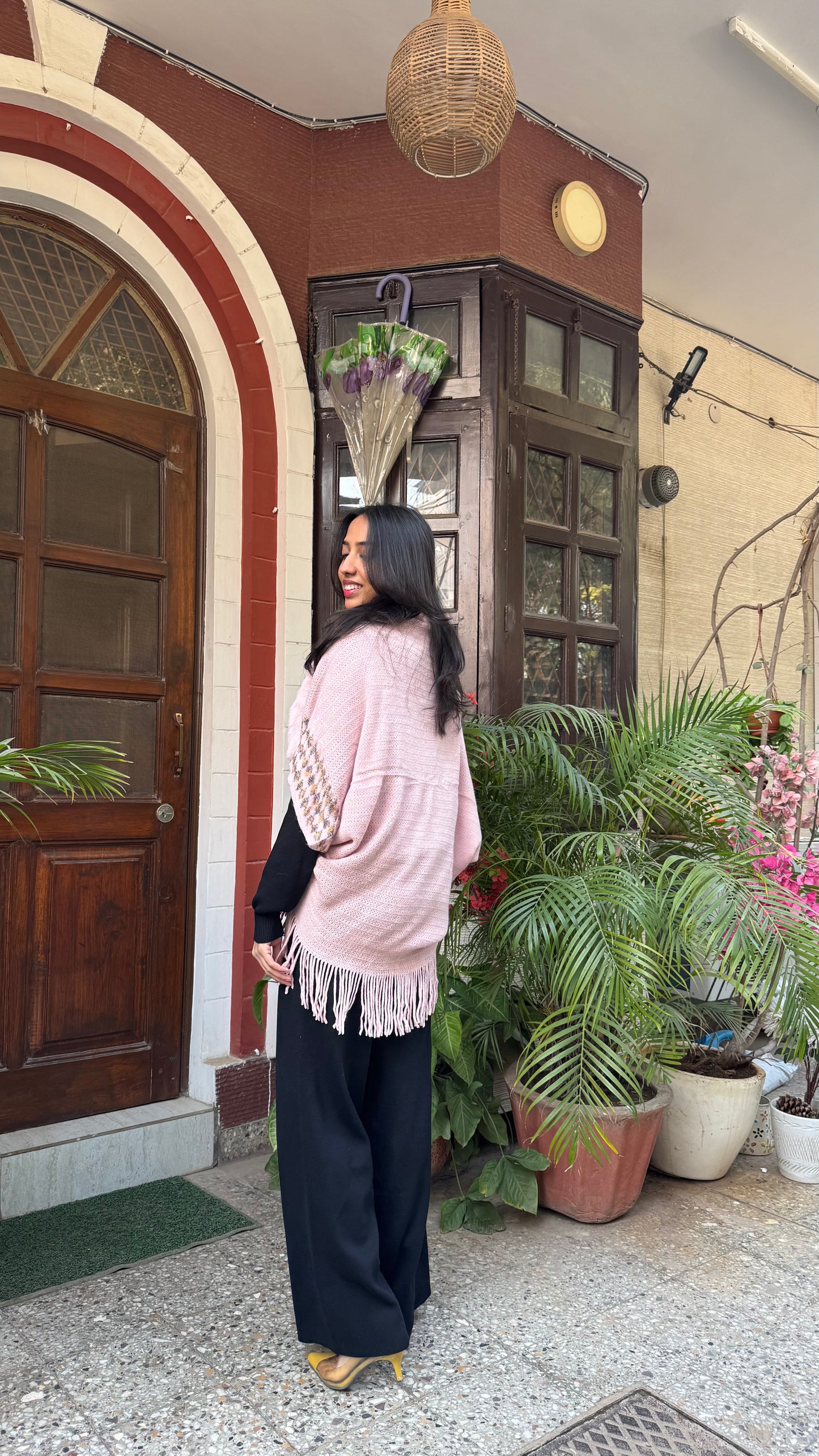 Houndstooth Fur Shrug - Pink (Free Size)