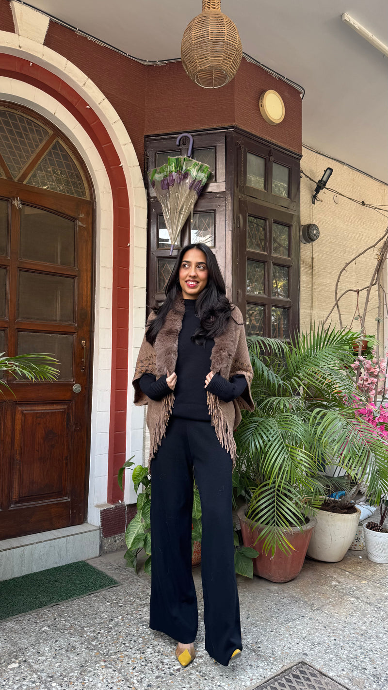 Houndstooth Fur Shrug - Brown (Free Size)