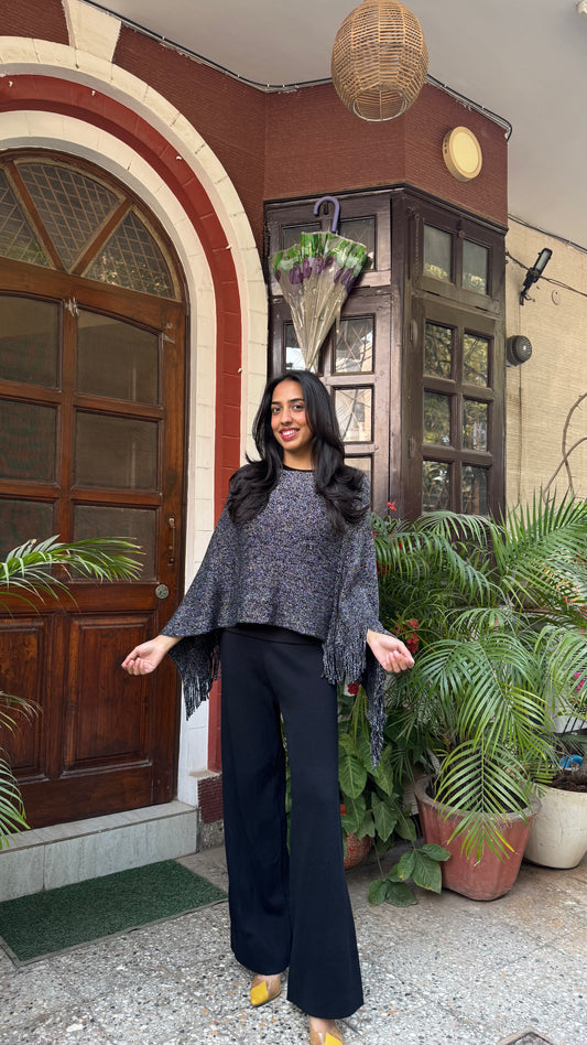 Shimmer Woollen Poncho - Black (Free Size)