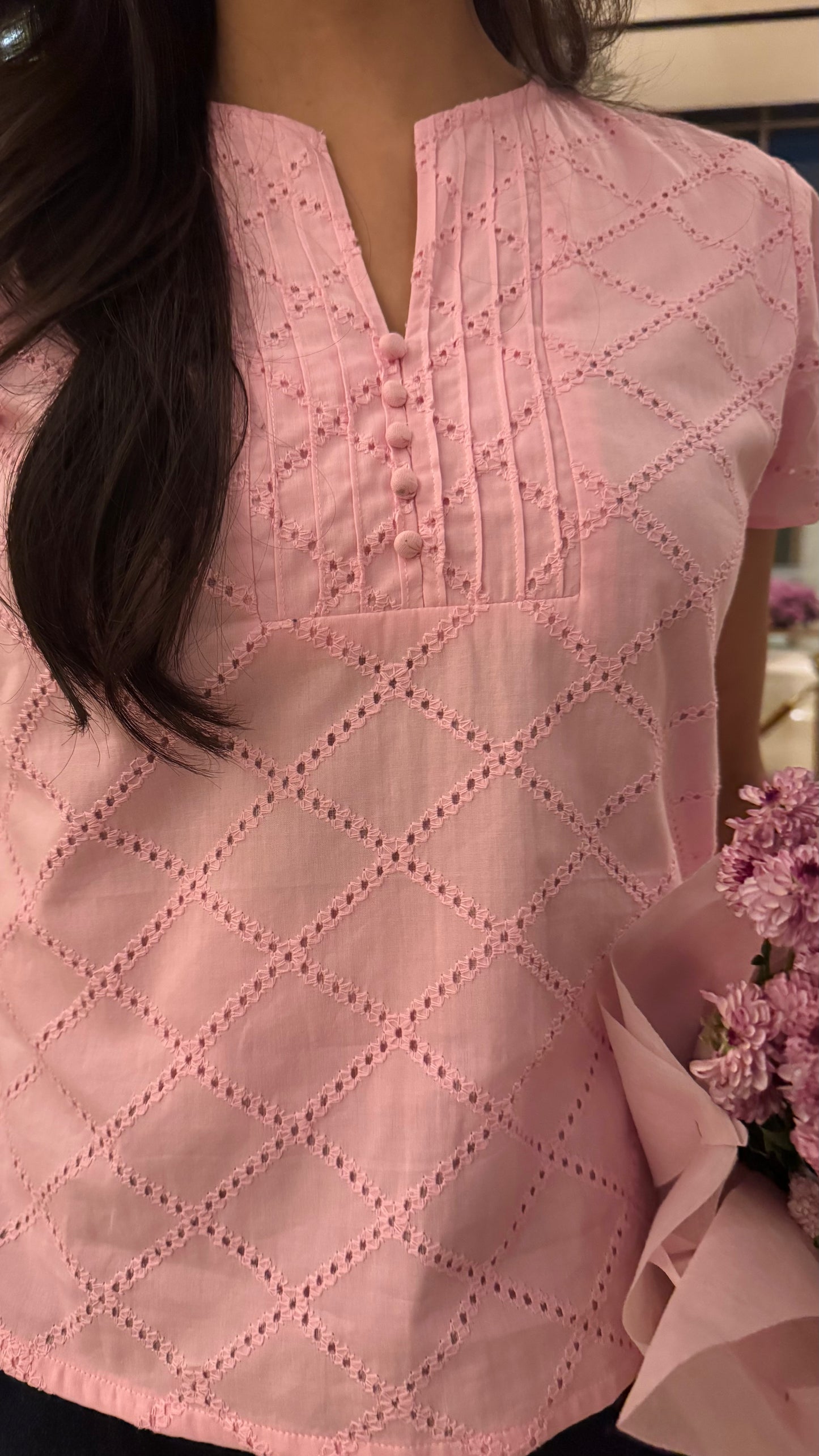 Amour Schiffli Eyelet Top (Premium Fabric) - Pink
