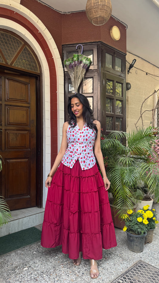 Señorita Tiered Maxi Skirt - Solid Maroon (Free Size)