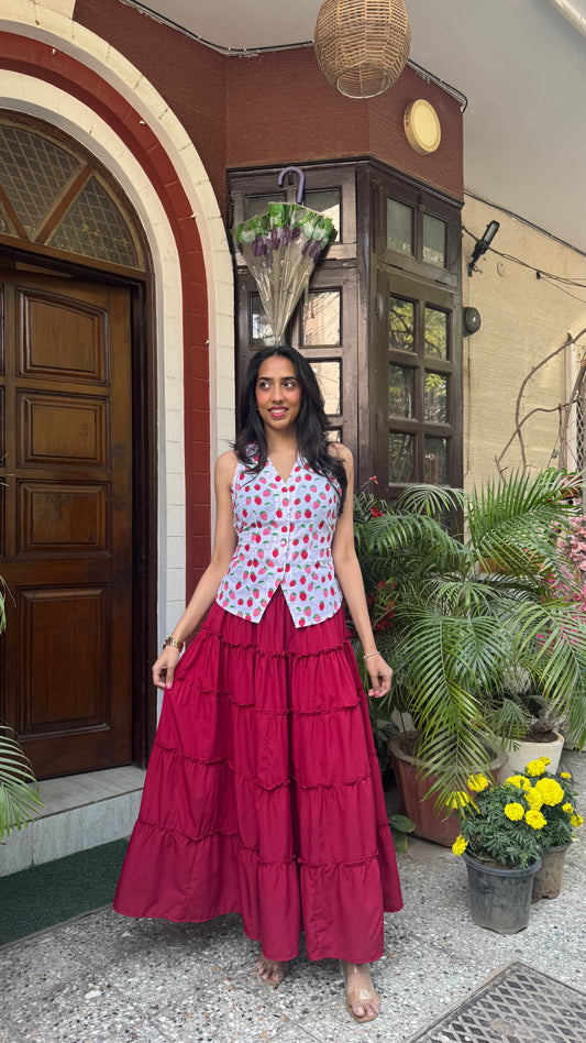 Señorita Tiered Maxi Skirt - Solid Maroon (Free Size)