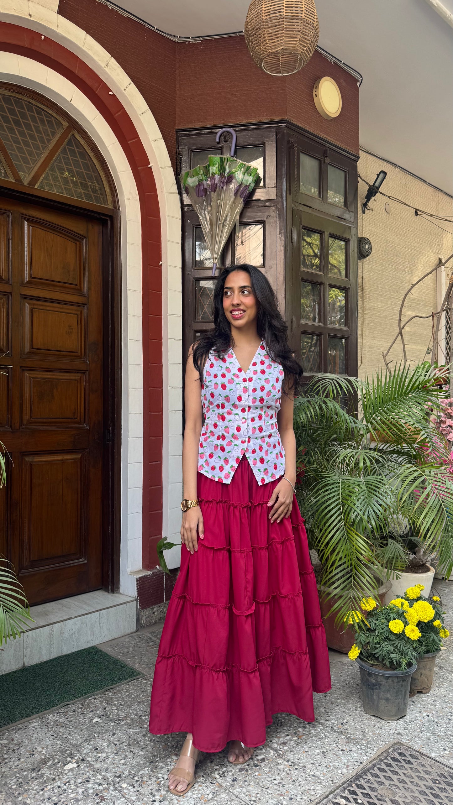 Señorita Tiered Maxi Skirt - Solid Maroon (Free Size)
