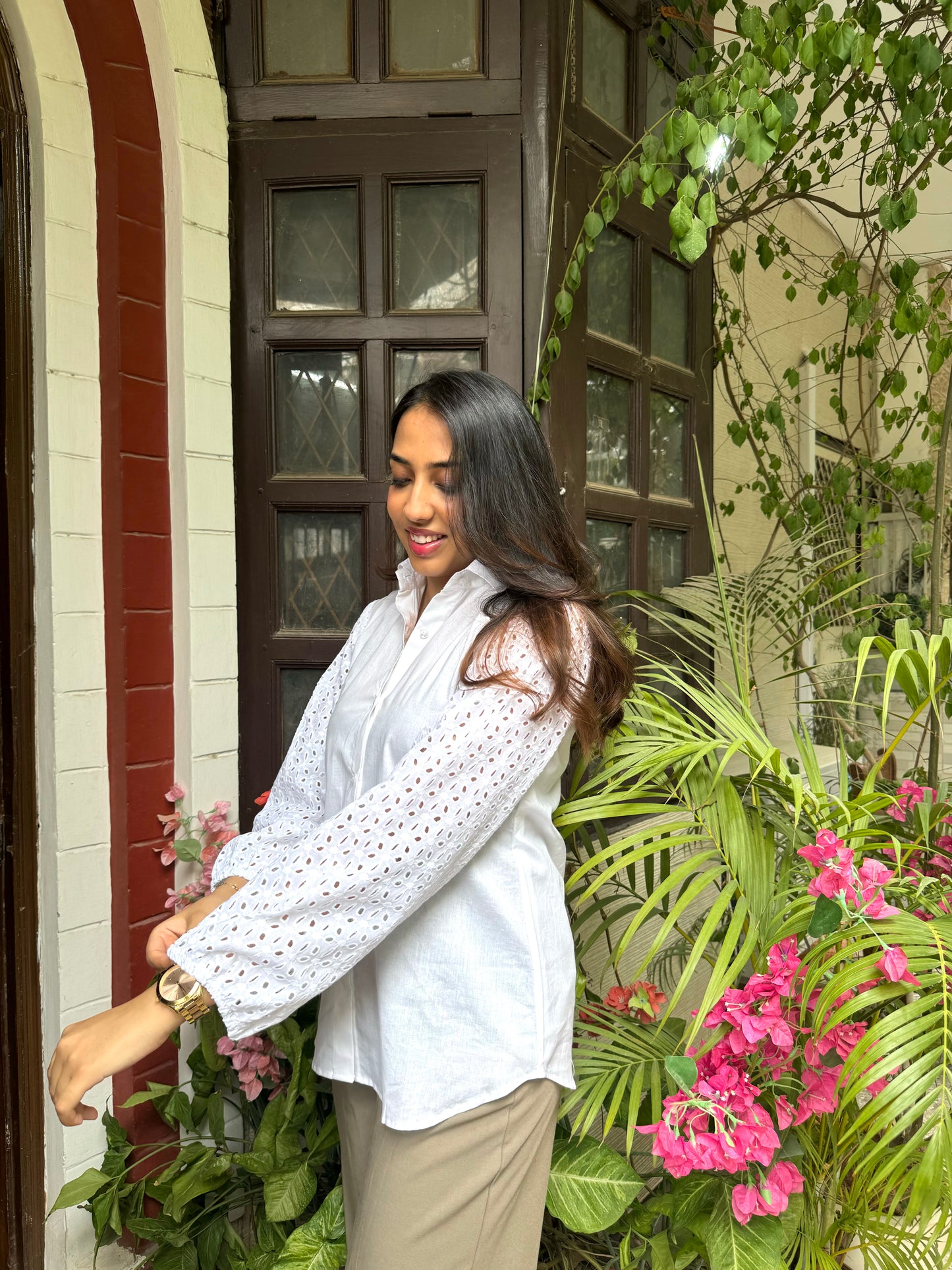 Schiffli Sleeves Shirt (Premium Fabric)