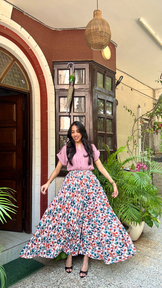 White Gardenia Leaf Printed Palazzo (Free Size)