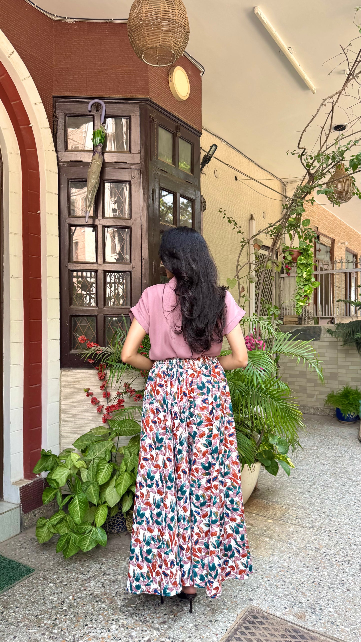 White Gardenia Leaf Printed Palazzo (Free Size)
