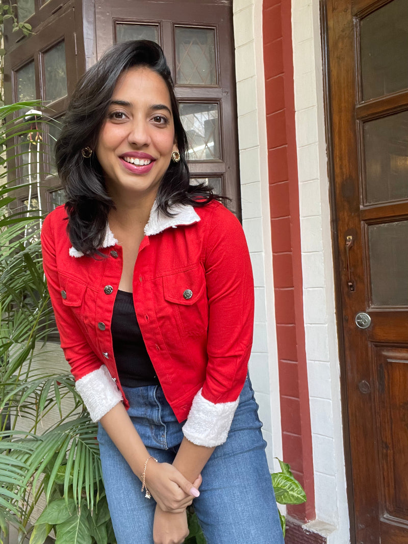 Fur Lined Denim Jacket-Red
