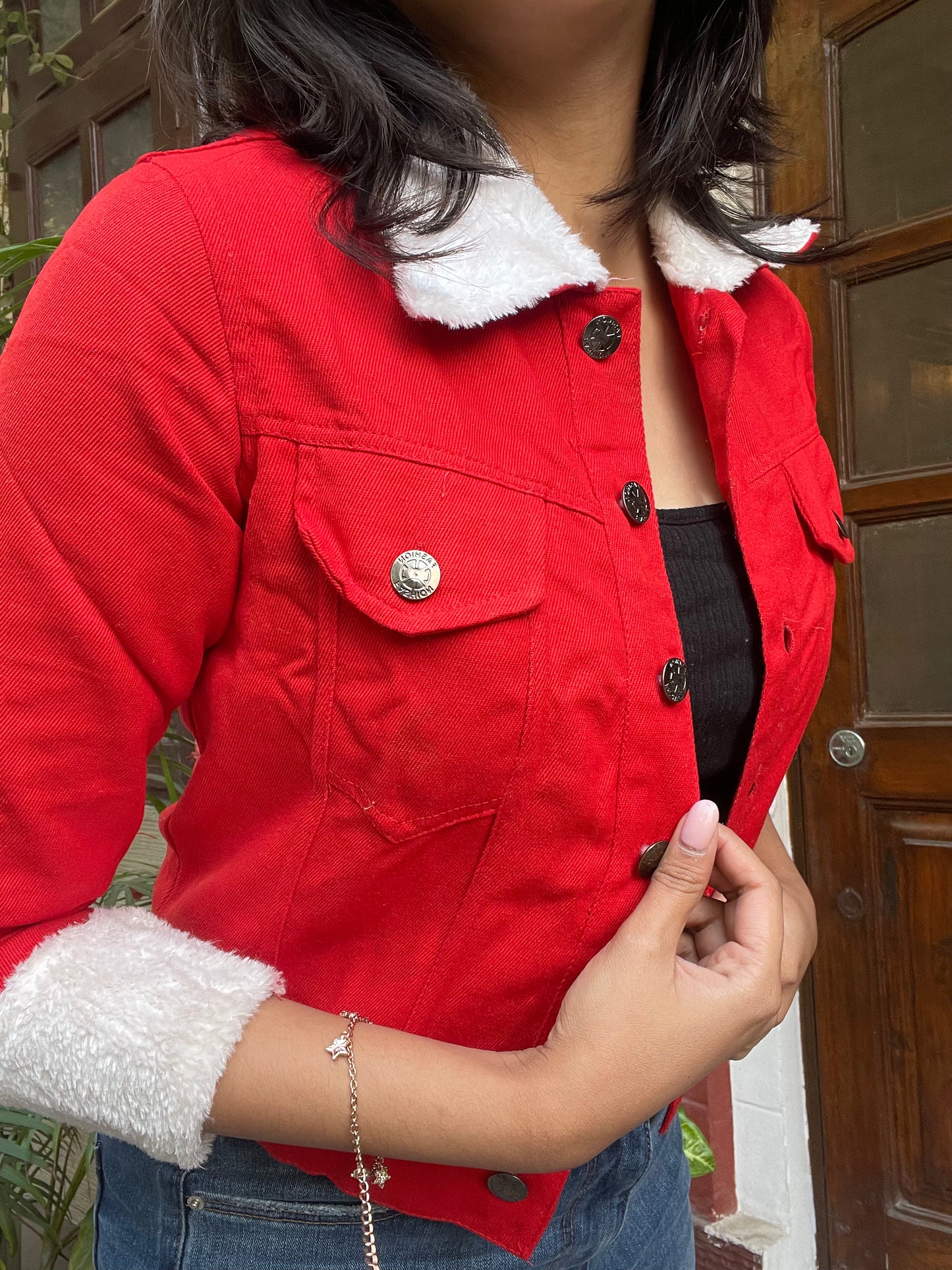 Fur Lined Denim Jacket-Red