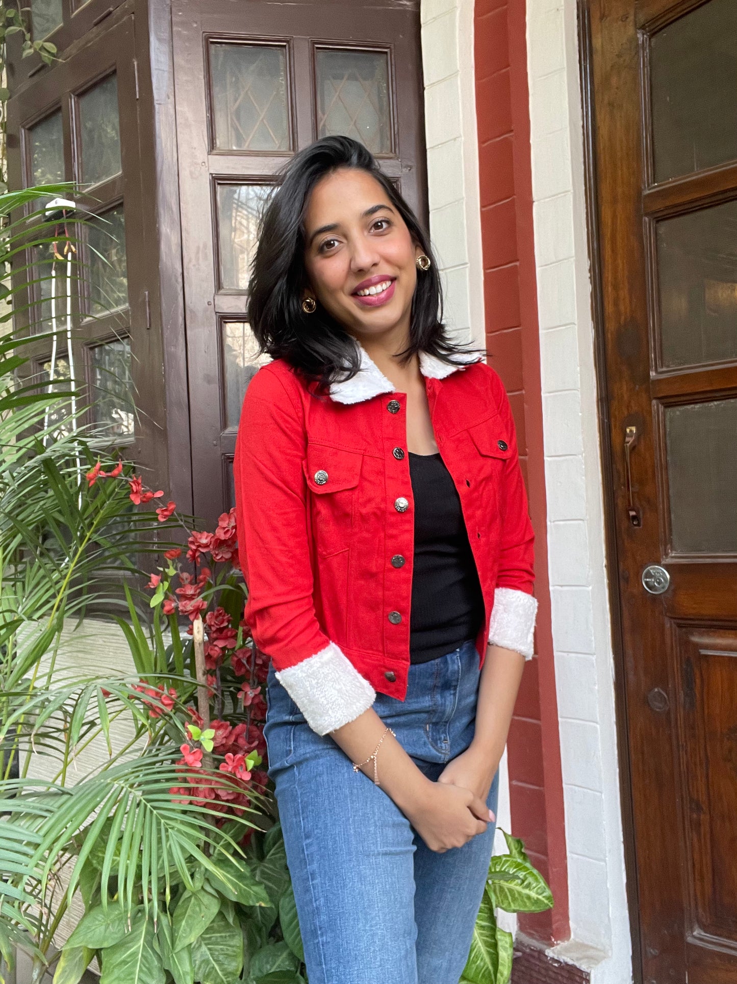 Fur Lined Denim Jacket-Red