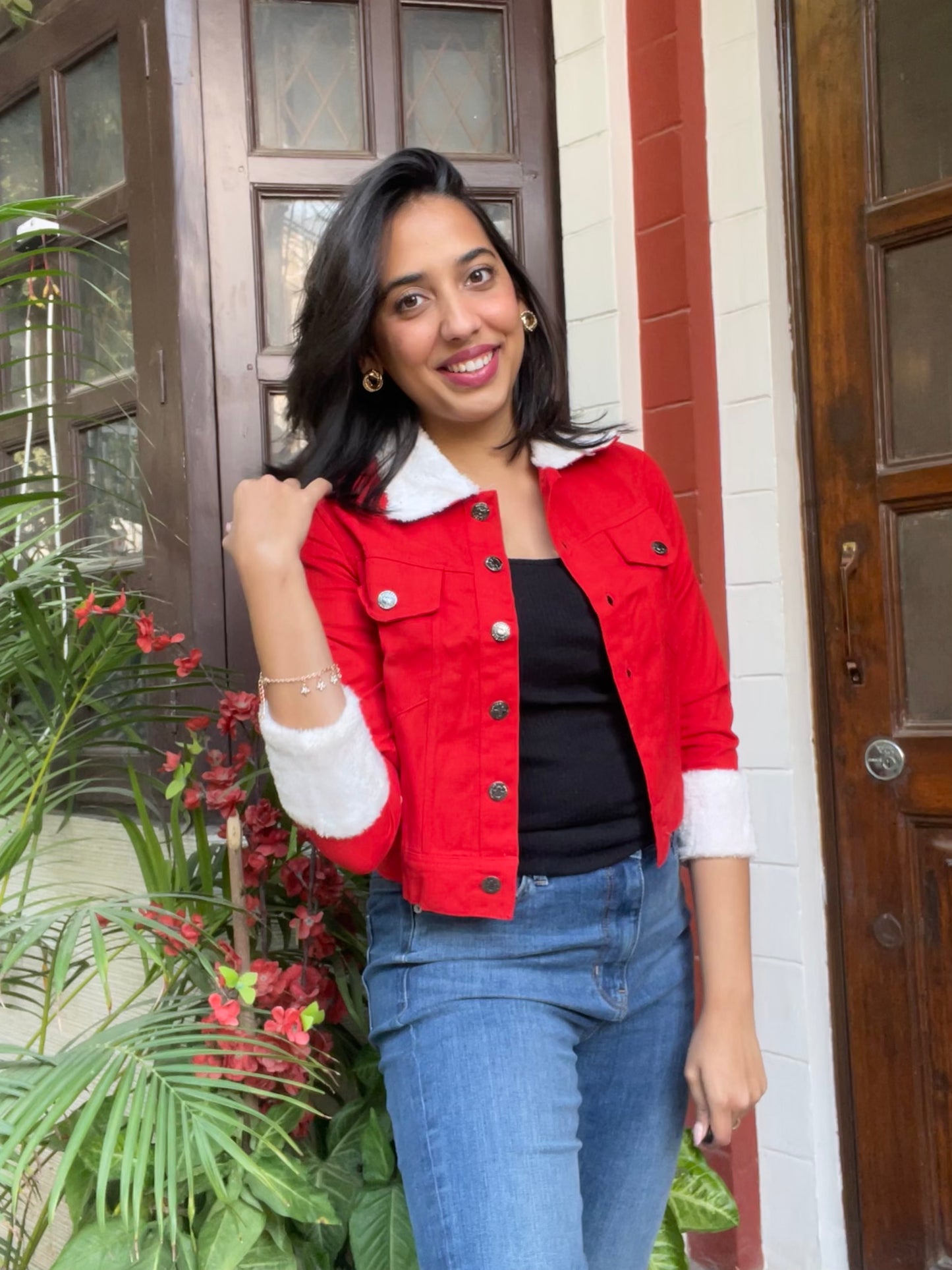 Fur Lined Denim Jacket-Red