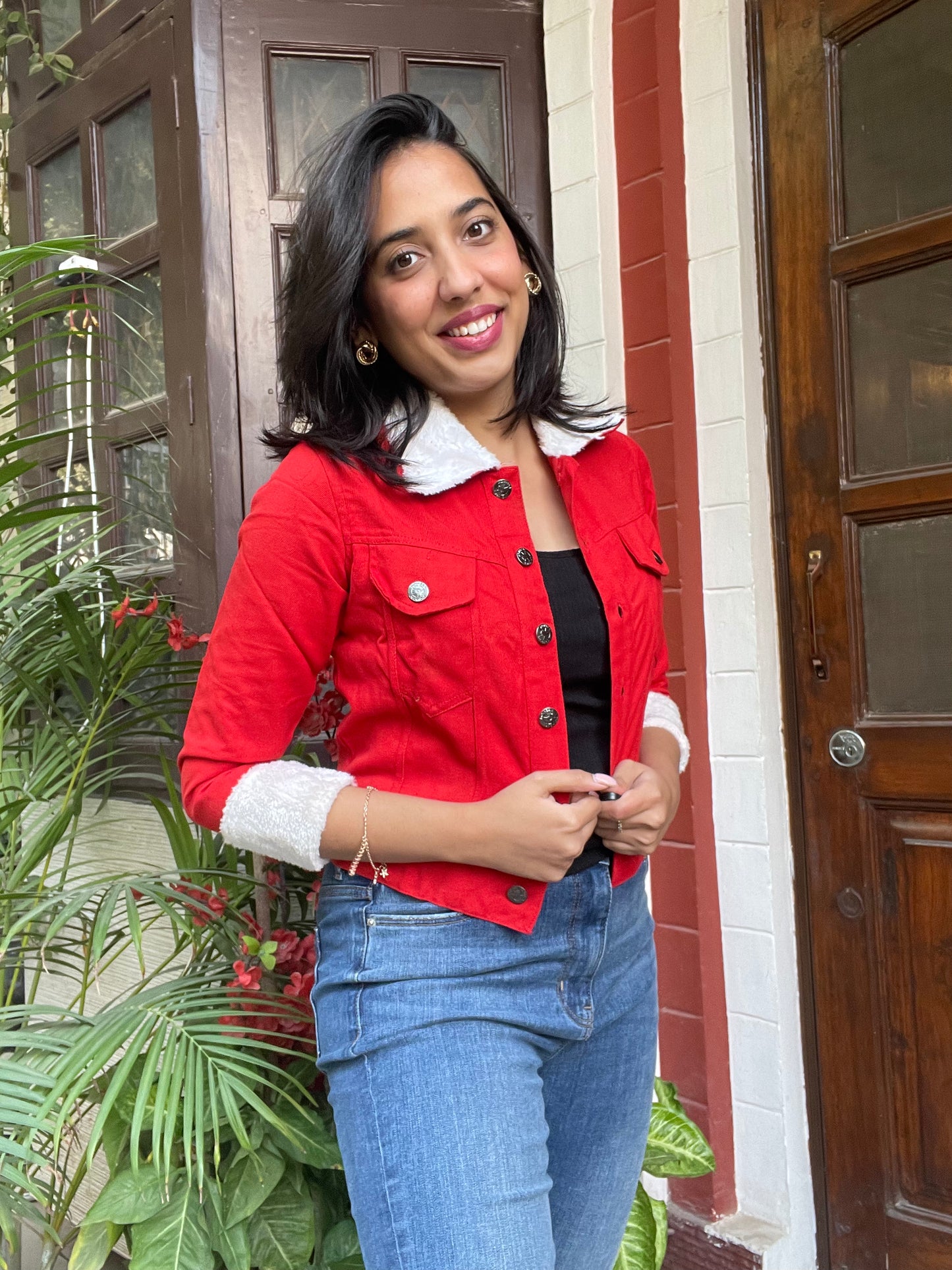 Fur Lined Denim Jacket-Red